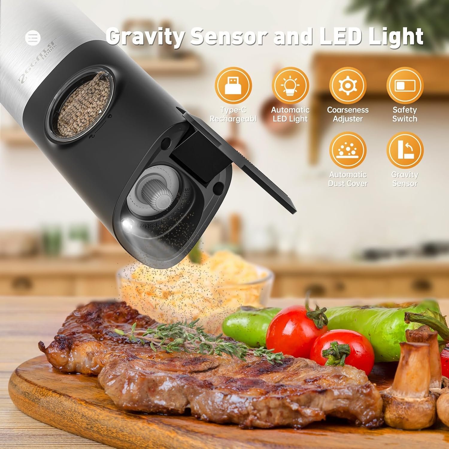Secura Electric Salt and Pepper Grinder Set Gravity Automatic Pepper Mill Grinder with LED Light Salt Grinder Rechargeable One Hand Operated Salt and Pepper Grinder, 2 PCS - Image 6