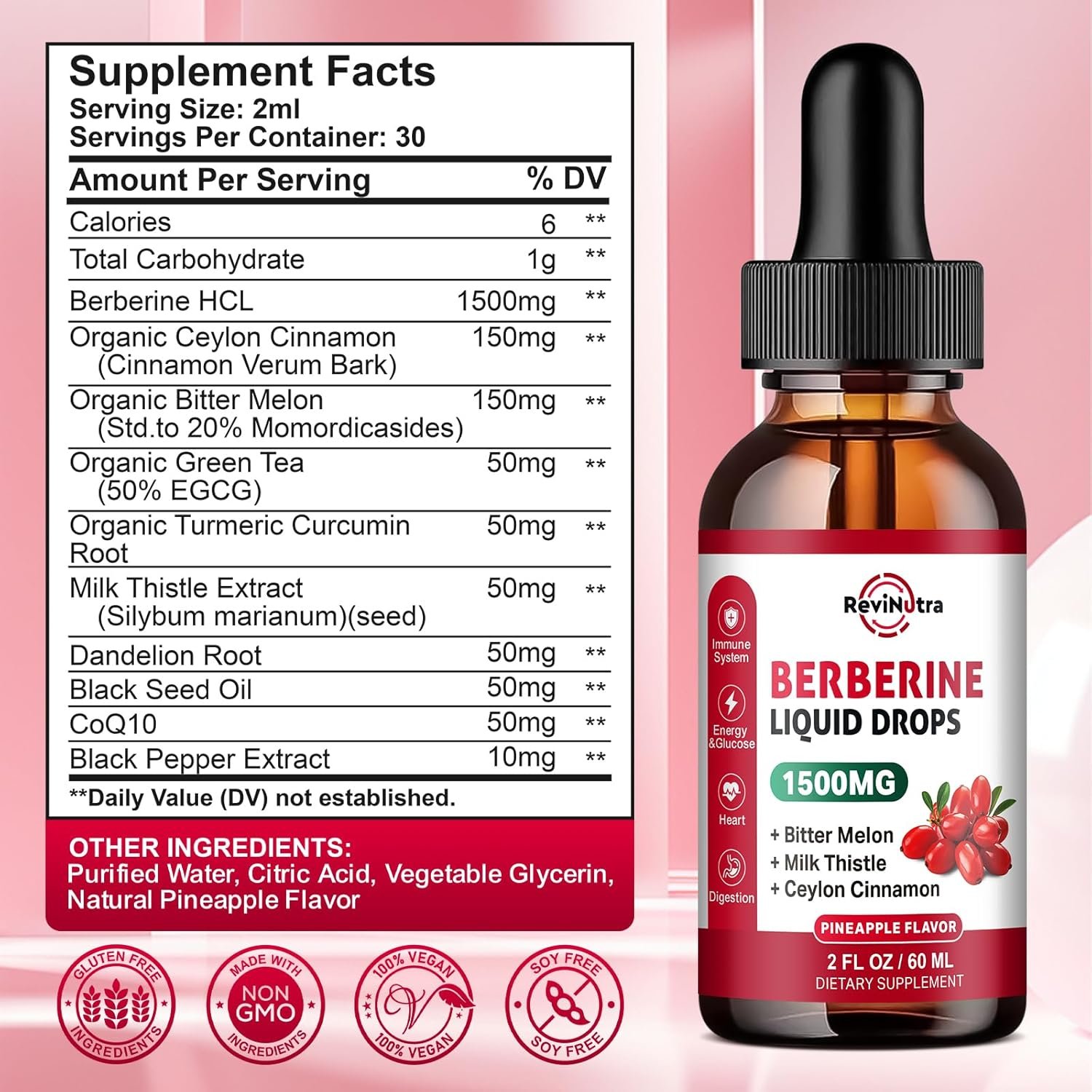 Berberine HCL Liquid Drops, 1500mg Berberine Supplement with Ceylon Cinnamon, Bitter Melon, Milk Thistle for Immune, Digestion System & Heart Health, 2 Fl Oz, Sugar-Free Pineapple Flavor - Image 3