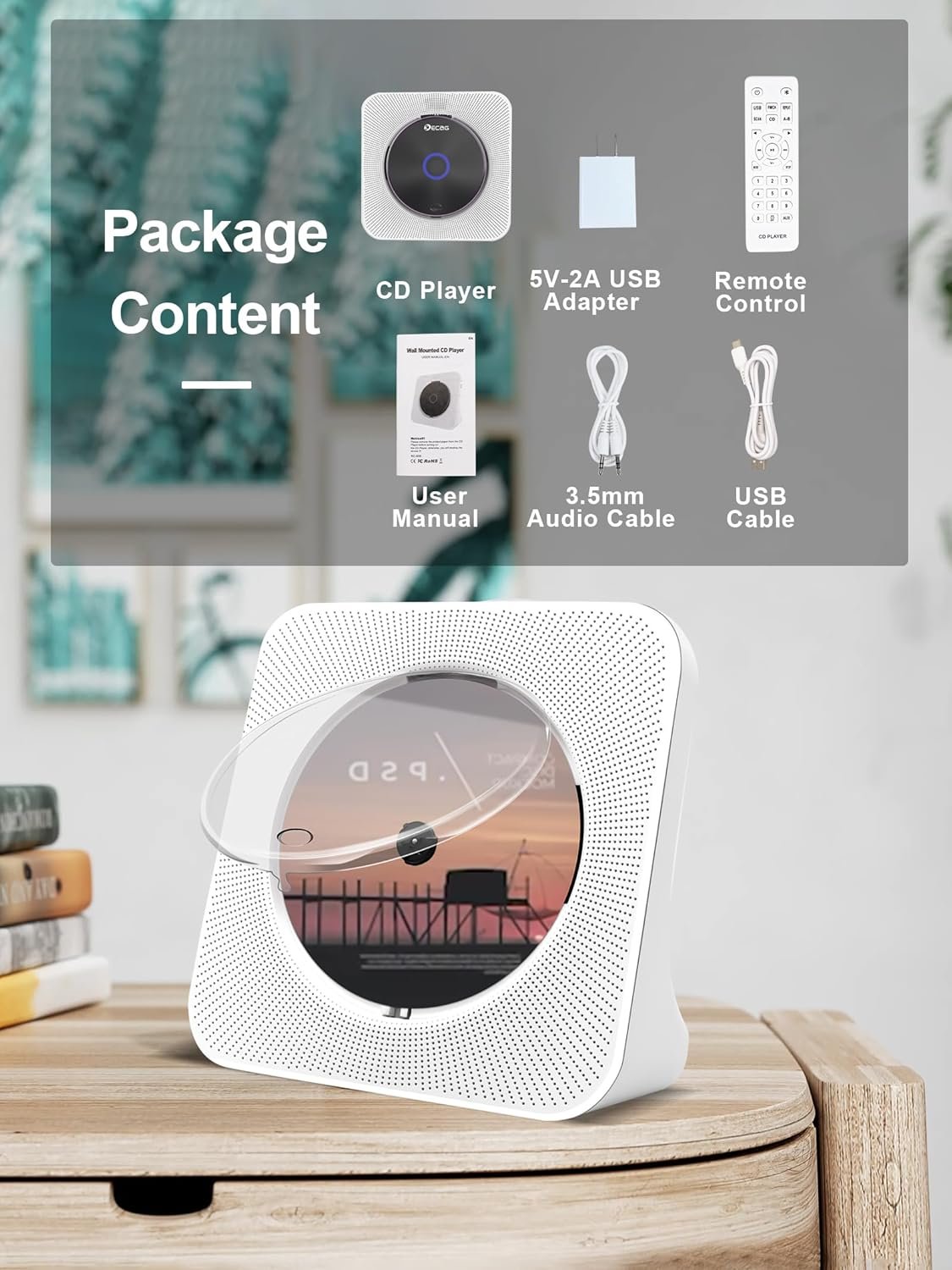 Desktop CD Player Portable with Bluetooth - Jimwey CD Player for Home with HiFi Speakers, FM Radio, Remote Control, LED Screen Display, Support CD/Bluetooth/USB/AUX, White CD Player for Gift - Image 8