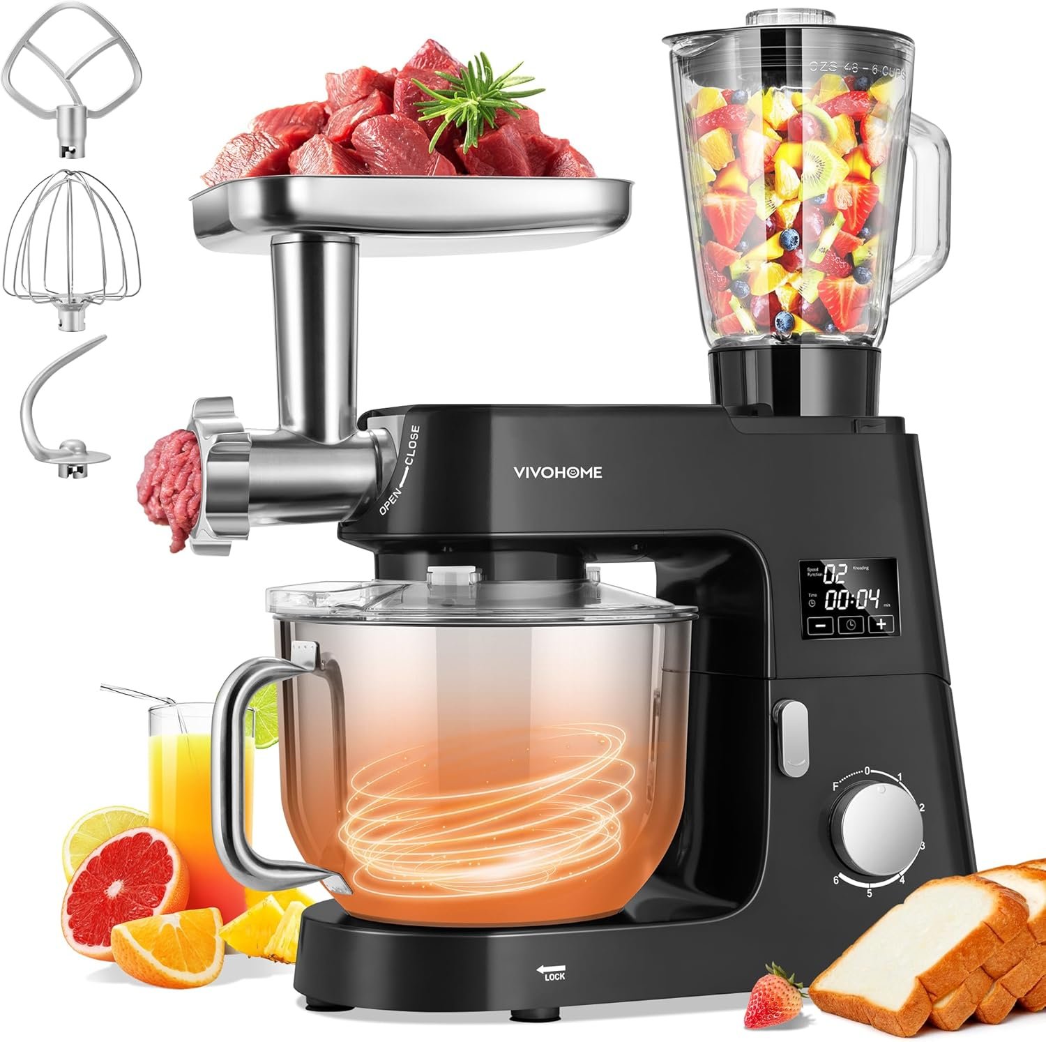 VIVOHOME 9 in 1 Multifunctional Stand Mixer with Fermentation, 6 Speed 7.5 Quart Kitchen Electric Food Mixer with Timer, Meat Grinder, Juice Blender, Vegetable Slicer, Pasta and Cookie Maker, Black - Image 2