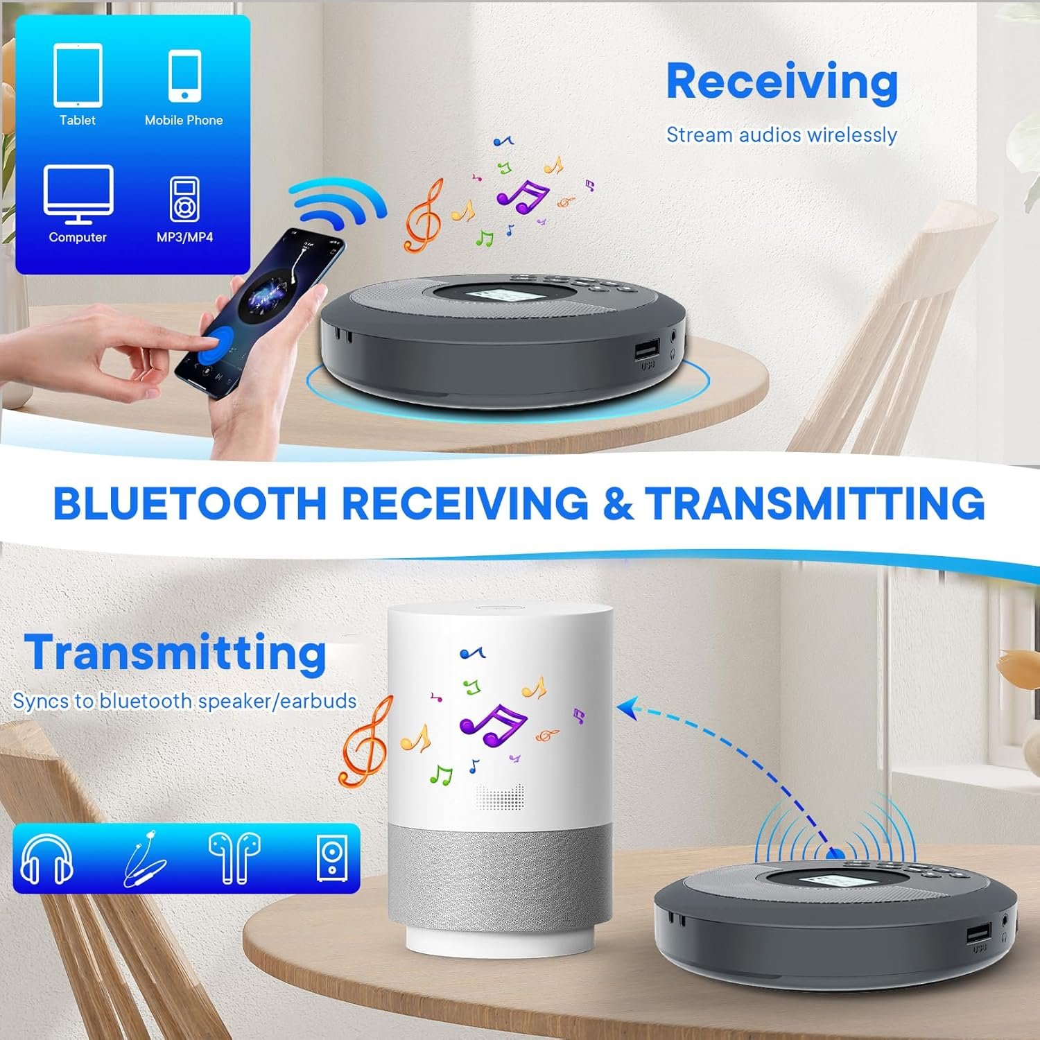 Portable CD Player with Bluetooth,Rechargeable CD Player for Car with Speakers,Walkman CD Player with Headphones and Anti-Skip Protection,Discman with LCD Display,AUX Cable. - Image 5