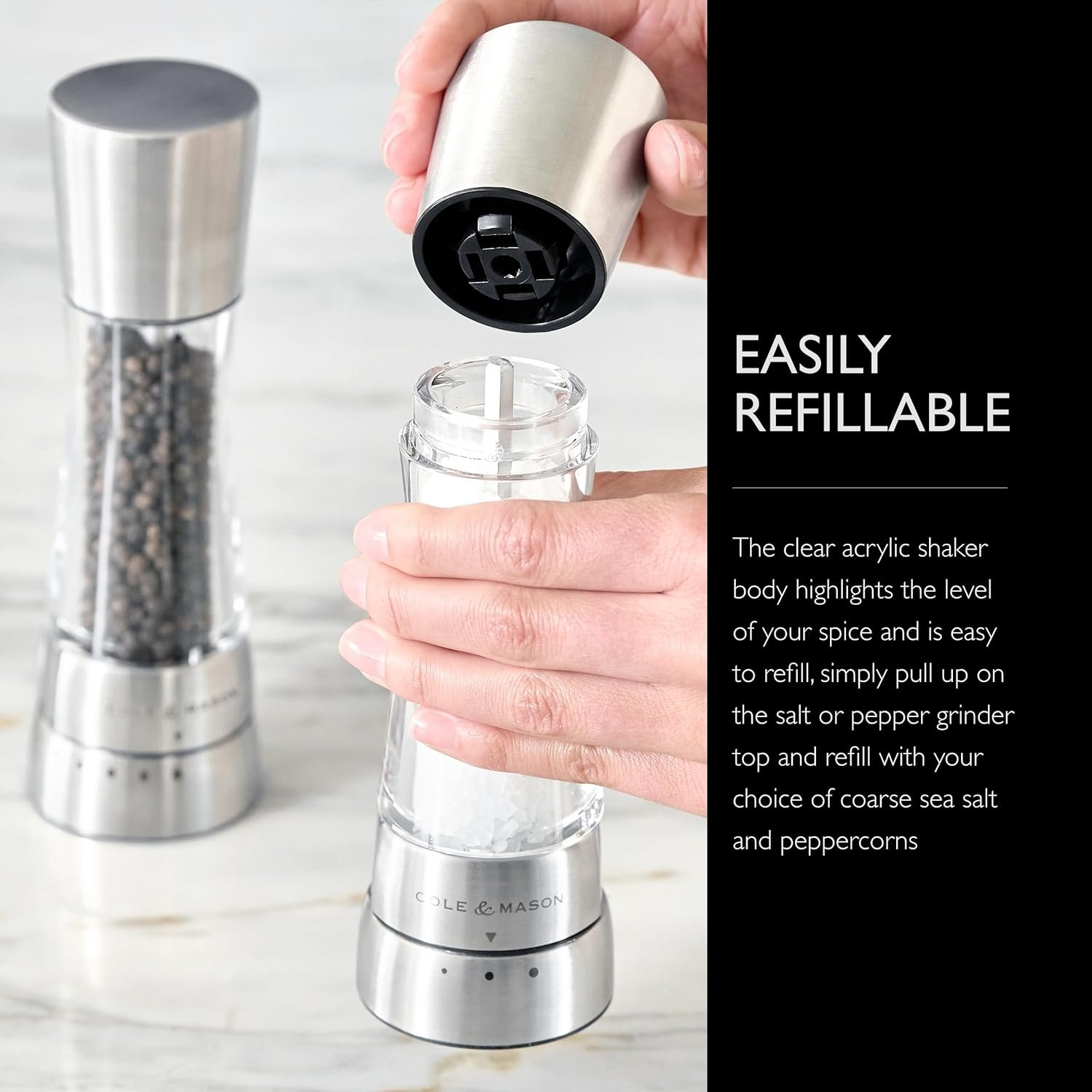 COLE & MASON Derwent Salt and Pepper Grinder Set - Stainless Steel Mills Include Gift Box, Gourmet Precision Mechanisms and Premium Sea Salt and Peppercorns - Image 6