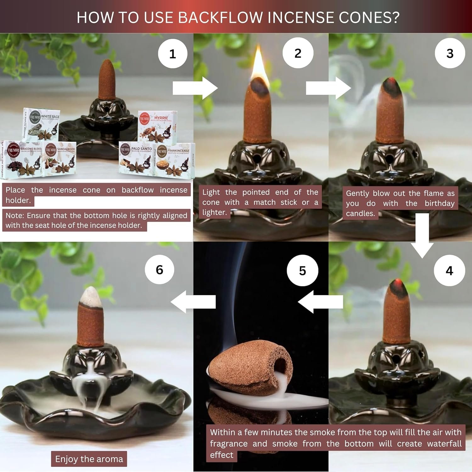Woody - Backflow Incense Cones for Waterfall - Scented Inscents-Cones - Sandalwood, Dragons Blood, Palo Santo, White Sage - Insiensos Aromaticos - 6x10=60 Large Variety Pack - Back Flow Down Reverse - Image 5