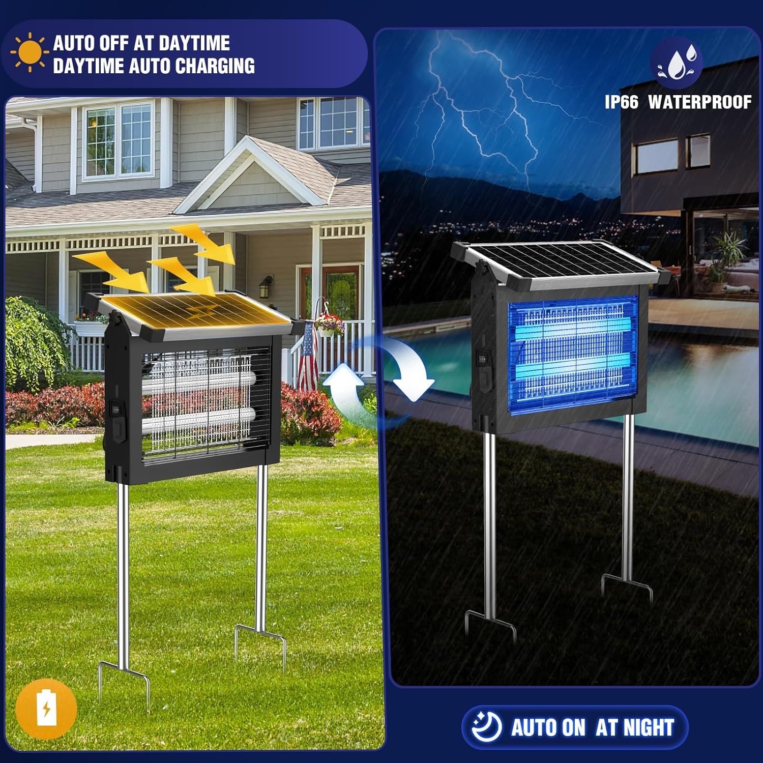 Solar Bug Zapper Outdoor, Wireless Portable Camping Mosquito Zapper with Panel Sensor, Fly Traps with 10FT Extension Cord, Fly Zapper, Mosquito Killer, Electric Trap Ideal for Home, Patio, Backyard - Image 3