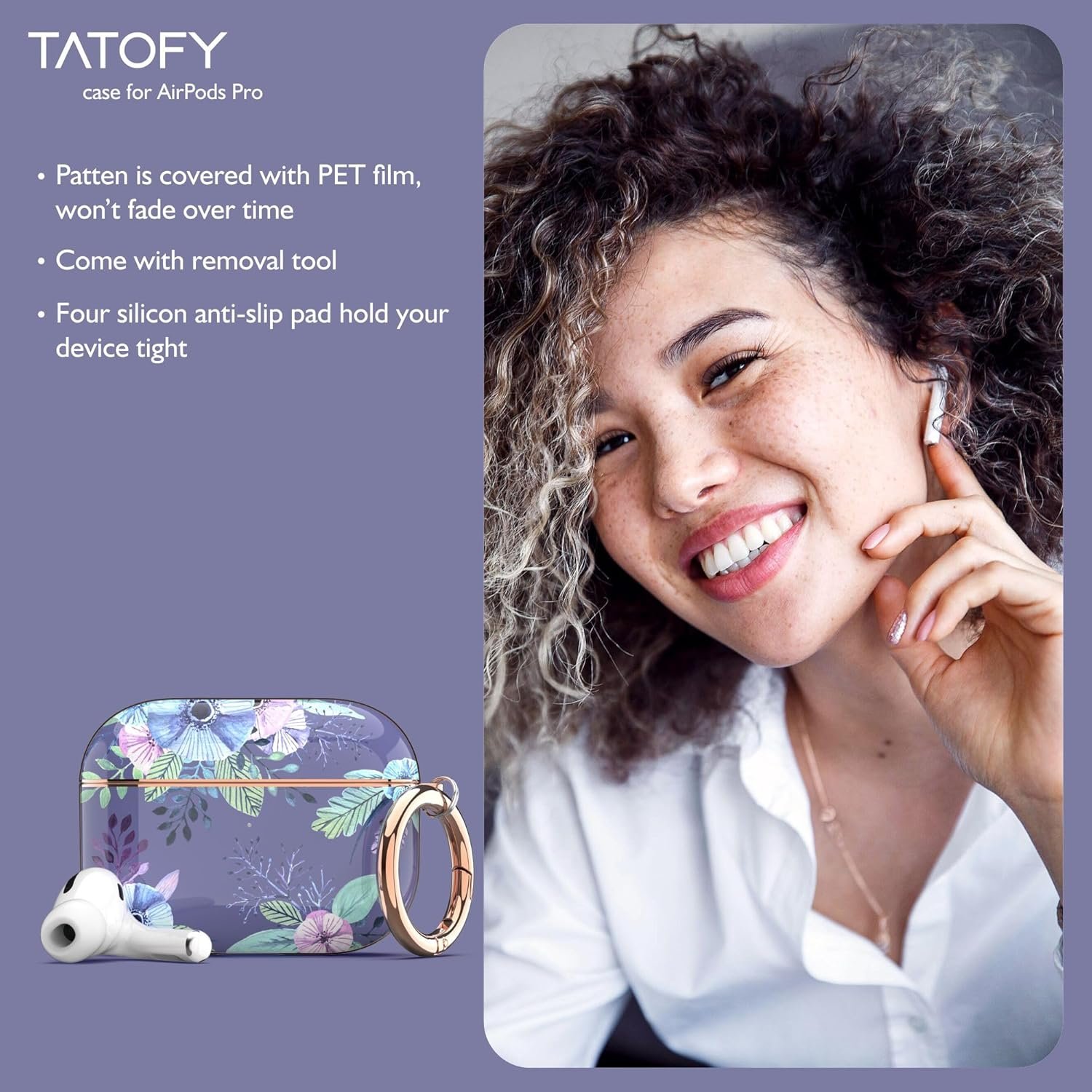 TATOFY Case Cover for AirPods Pro 2019,Stylish AirPods Pro Case for Women Girls, Flower Patterns Protective Hard Case with Clip (Purple) - Image 8