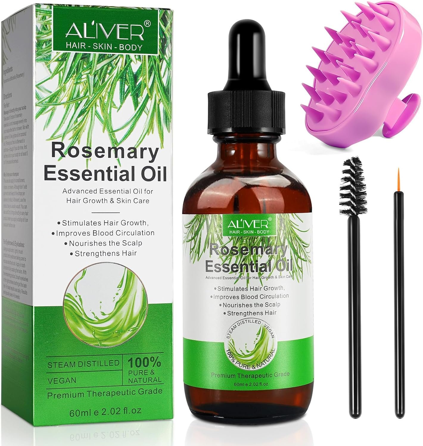 Organic Rosemary Oil (60ml) with Scalp Massager - Hair Growth, Eyelash, Eyebrow & Body Oil for Nourishing and Improved Circulation - Image 2