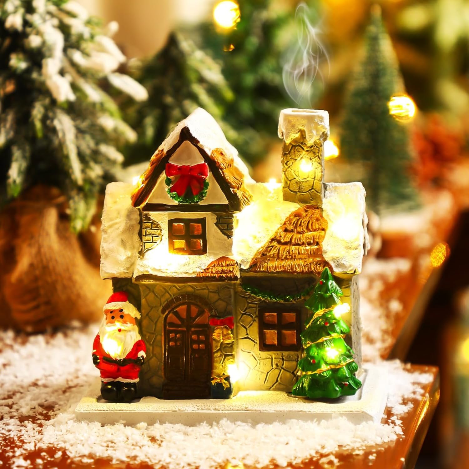 6.1 Inch Christmas Incense Burner Village House with Light String Resin Backflow Incense Holder Gift Cabin Winter Snowy Town with Xmas Tree Snowman for Fireplace Tabletop Decor(Simple) - Image 3