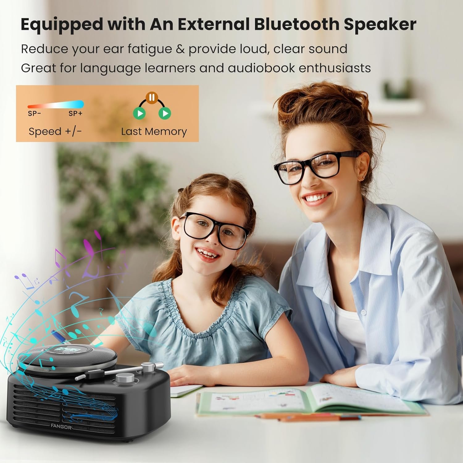 FANGOR Portable CD Player with Bluetooth Speaker Base 2 in 1 Home Desktop Audio Boombox Music Player Anti Shock Protection Headphones Jack TF Card - Image 6