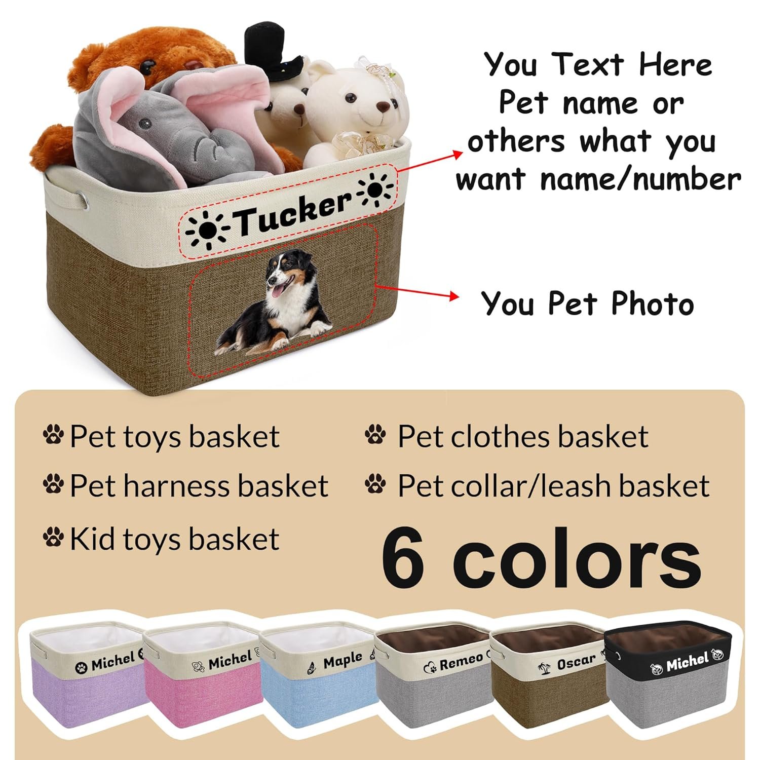 Personalized Dog Toy Basket with Pet's Name, Custom Dog Toy Bin, Sturdy Foldable Collapsible Storage Box, Dog Toy Box with Handles for Dog Toys, Dog Clothing, Dog Apparel, Accessories (Brown) - Image 3