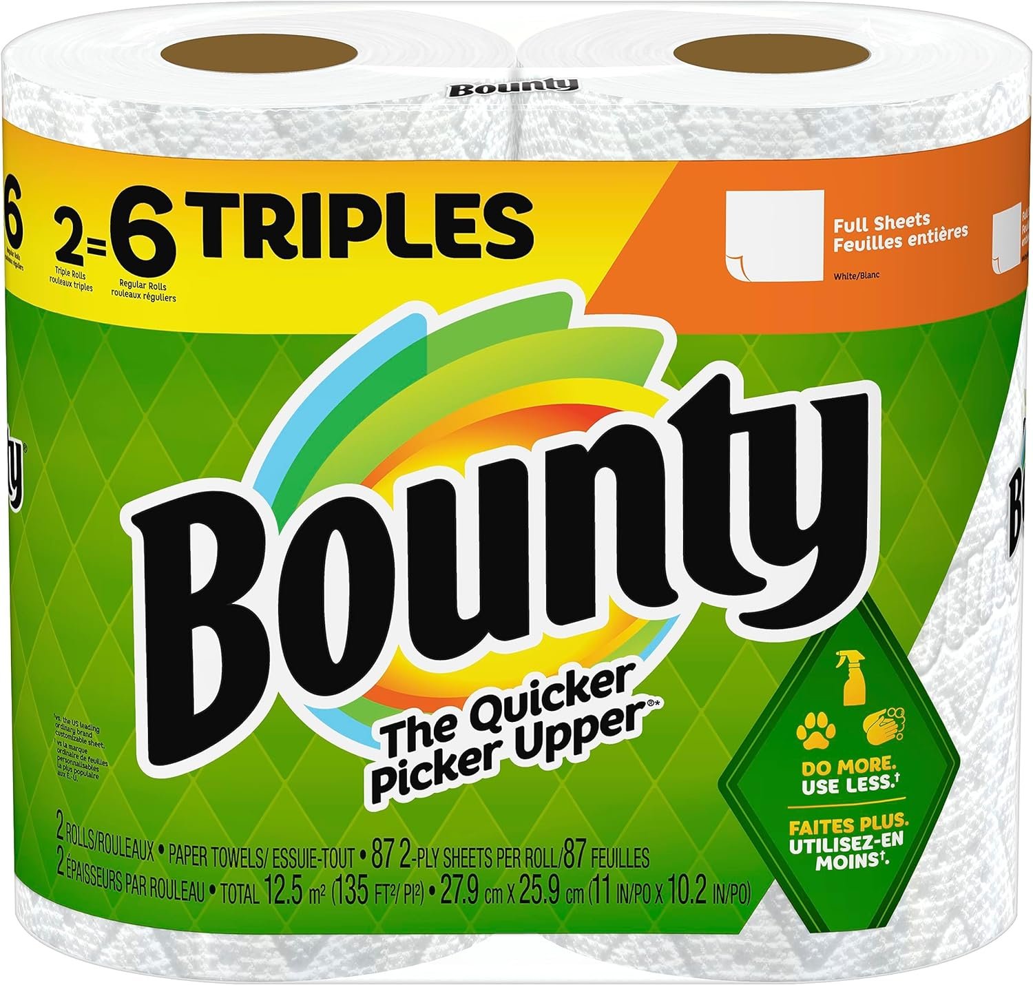Bounty Full Sheet Paper Towels, White, 2 Triple Rolls - 6 Regular Rolls - Image 2