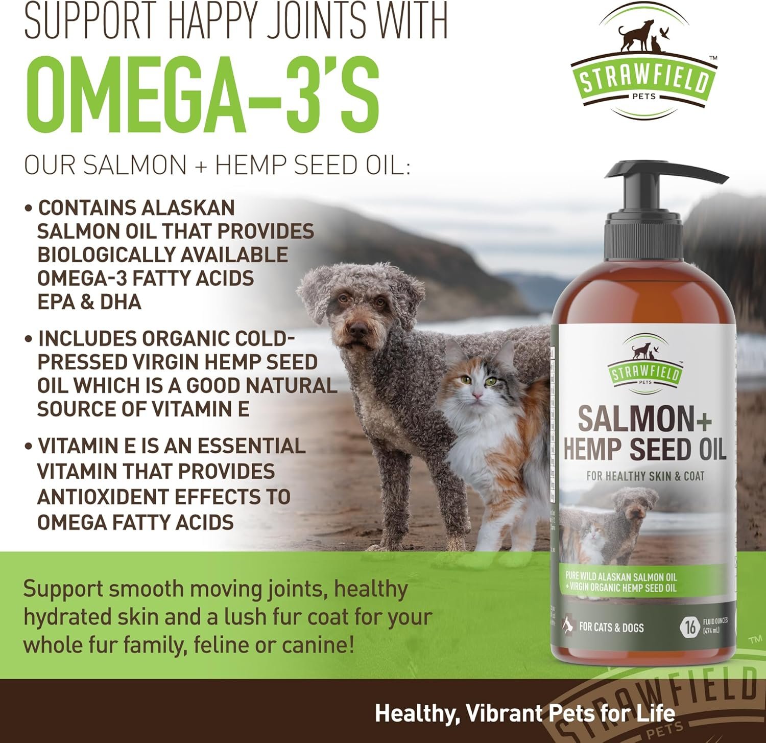 Strawfield Pets' Salmon + Hemp Oil Wild Alaskan Salmon Oil for Dogs & Cats with Organic Pet Hemp Oil Liquid Omega 3 Fish Oil for Dog Shedding, Dry Itchy Skin, Coat Supplement, USA 16 oz / 474 ml - Image 8