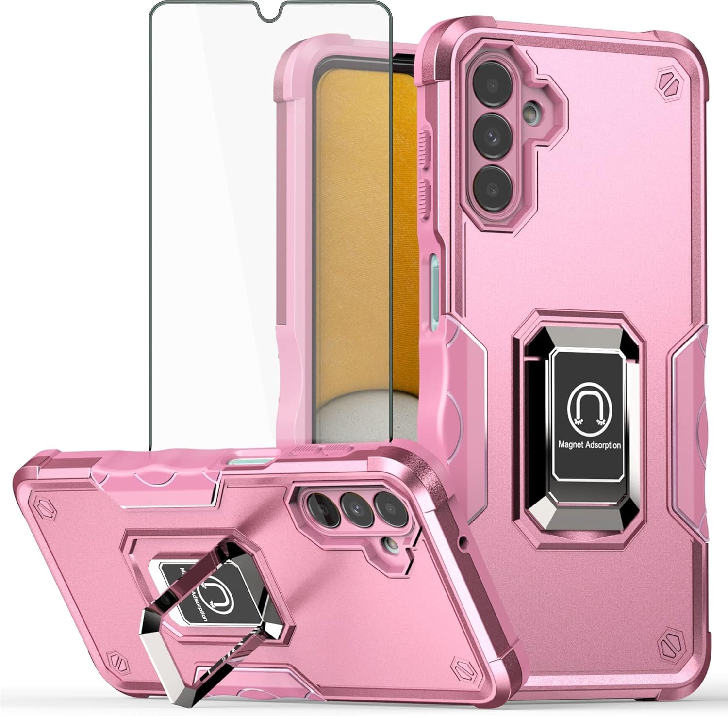 Asuwish Phone Case for Samsung Galaxy A14 5G with Tempered Glass Screen Protector Cover and Slim Ring Holder Stand Hard Hybrid Rugged Kickstand Magnetic Cell Accessories A 14 4G 14A G5 Women Men Pink - Image 2