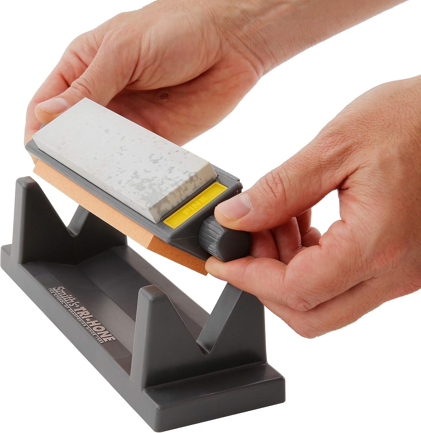 Smith’s TRI6 Arkansas Tri-Hone Stone Sharpening System Grey 6” Fine, Medium, & Coarse Stones 3-Way Honing Nonslip Rubber Feet Restore Tools, Hunting, Kitchen, Fishing & Pocket Knives - Image 4