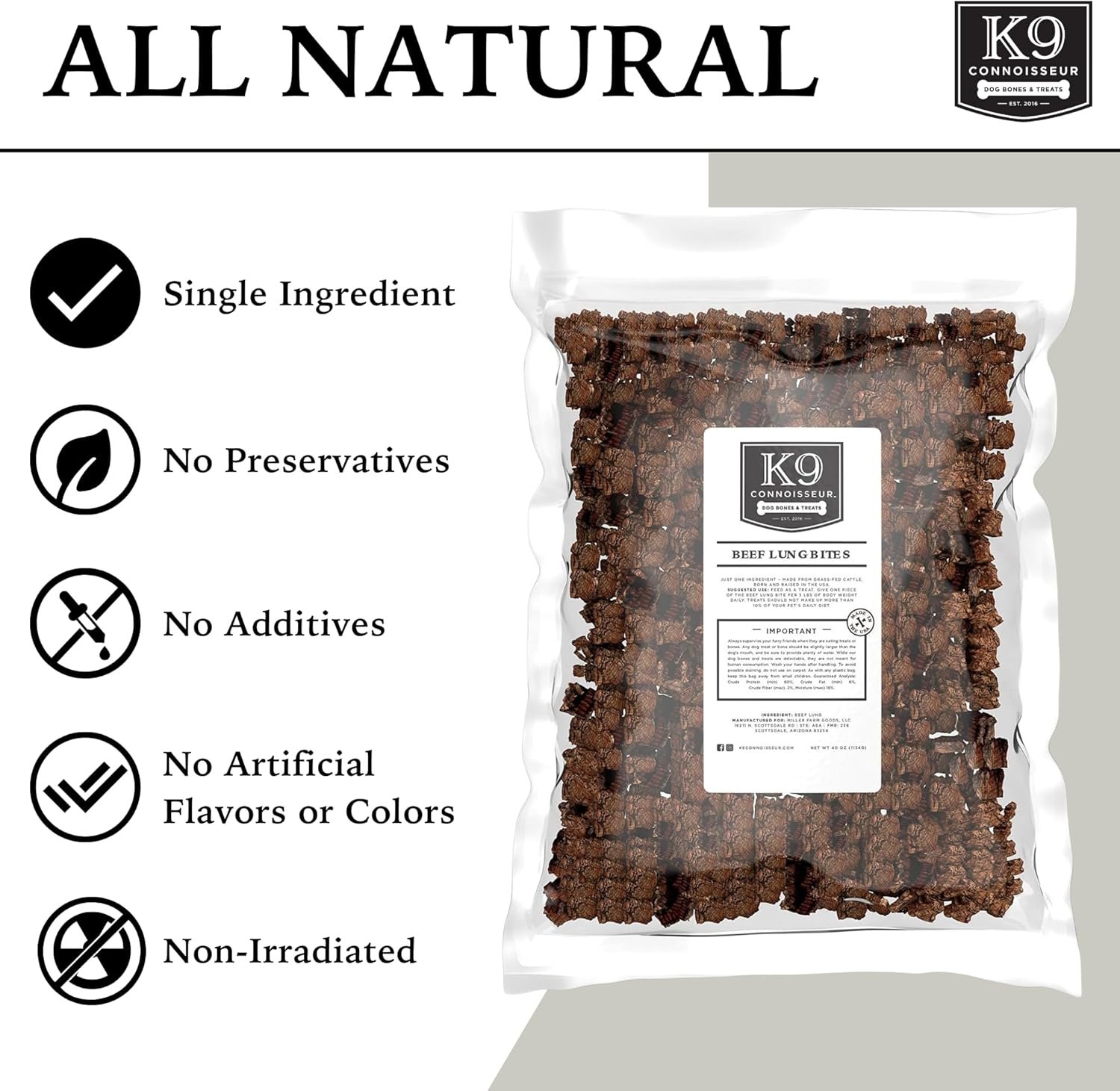 K9 Connoisseur Low to Odor Free Slow Roasted Beef Lung Dog Treats Made in USA, One Ingredient Dog Treats & All Natural Dog Treats, Grain Free Dog Treats for All Breeds & Sizes - 2.5 Pounds - Image 3