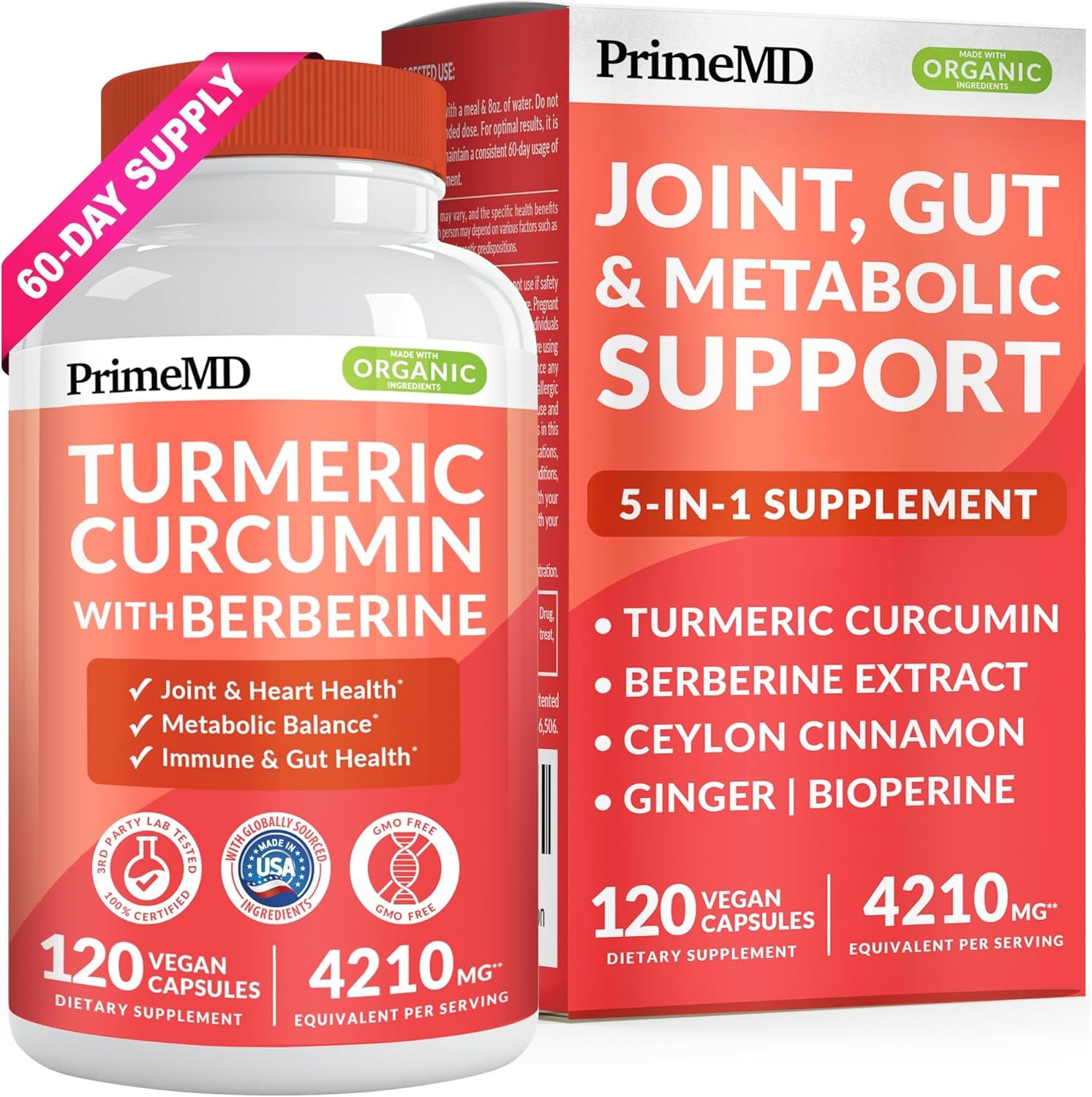 5-in-1 Turmeric Curcumin Supplement (4210mg) with Berberine, & Ceylon Cinnamon - Organic Turmeric Curcumin with Black Pepper and Ginger Supplements for Joint, Heart, Gut, & Metabolic Support (120 ct) - Image 2