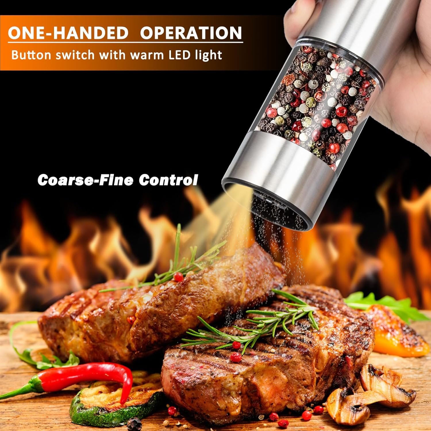 Electric Salt and Pepper Grinder Set(2 Pack), SDMXSE Rechargeable Stainless Steel Automatic Mills with Adjustable Coarseness, LED Light, Refillable Electric Salt Shakers for Kitchen, Silver - Image 3