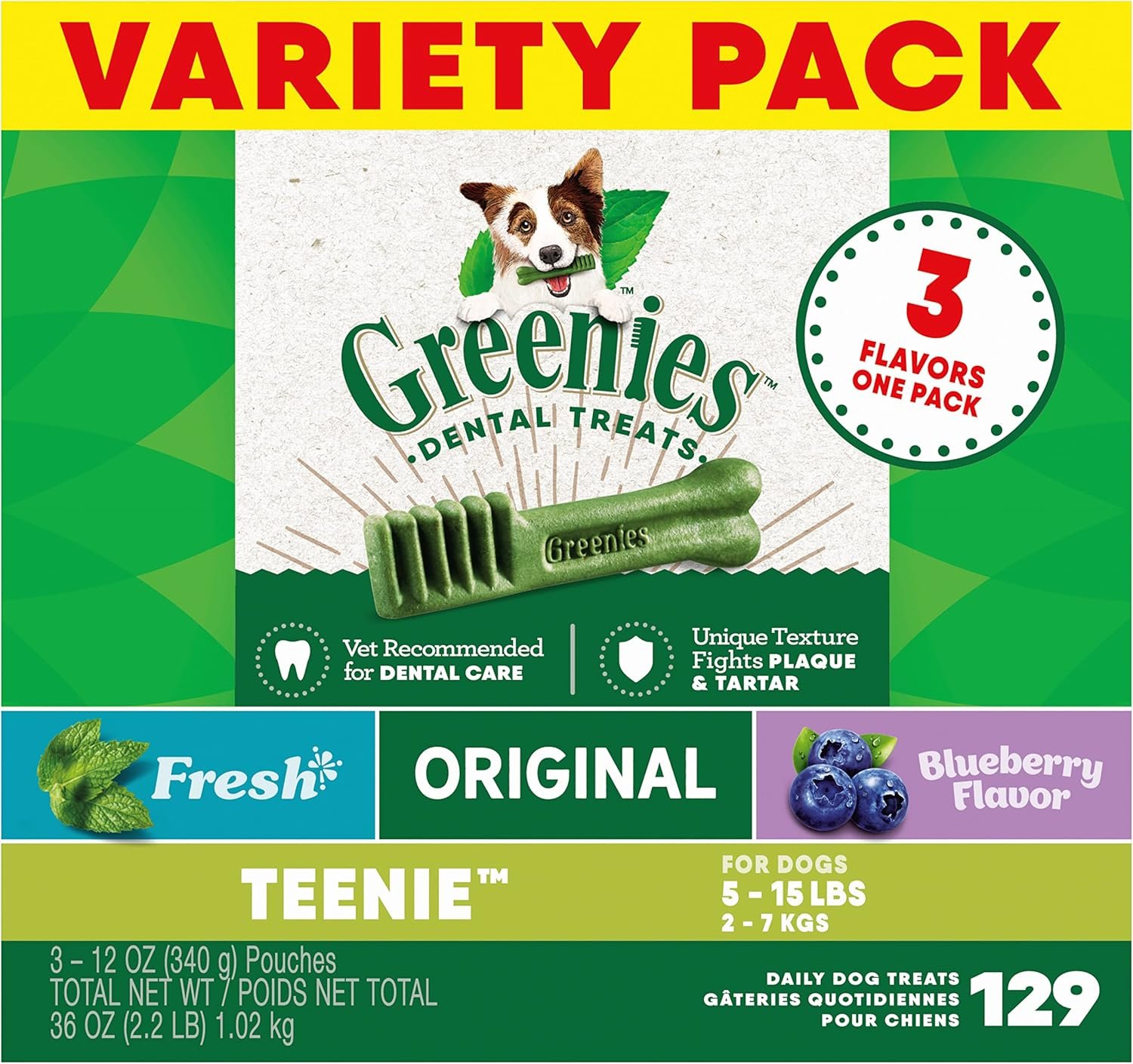GREENIES TEENIE Natural Dog Dental Care Chews Oral Health Dog Treats 3-Flavor Variety Pack, (3) 12 oz. Pouches, 129 Total Treats - Image 2