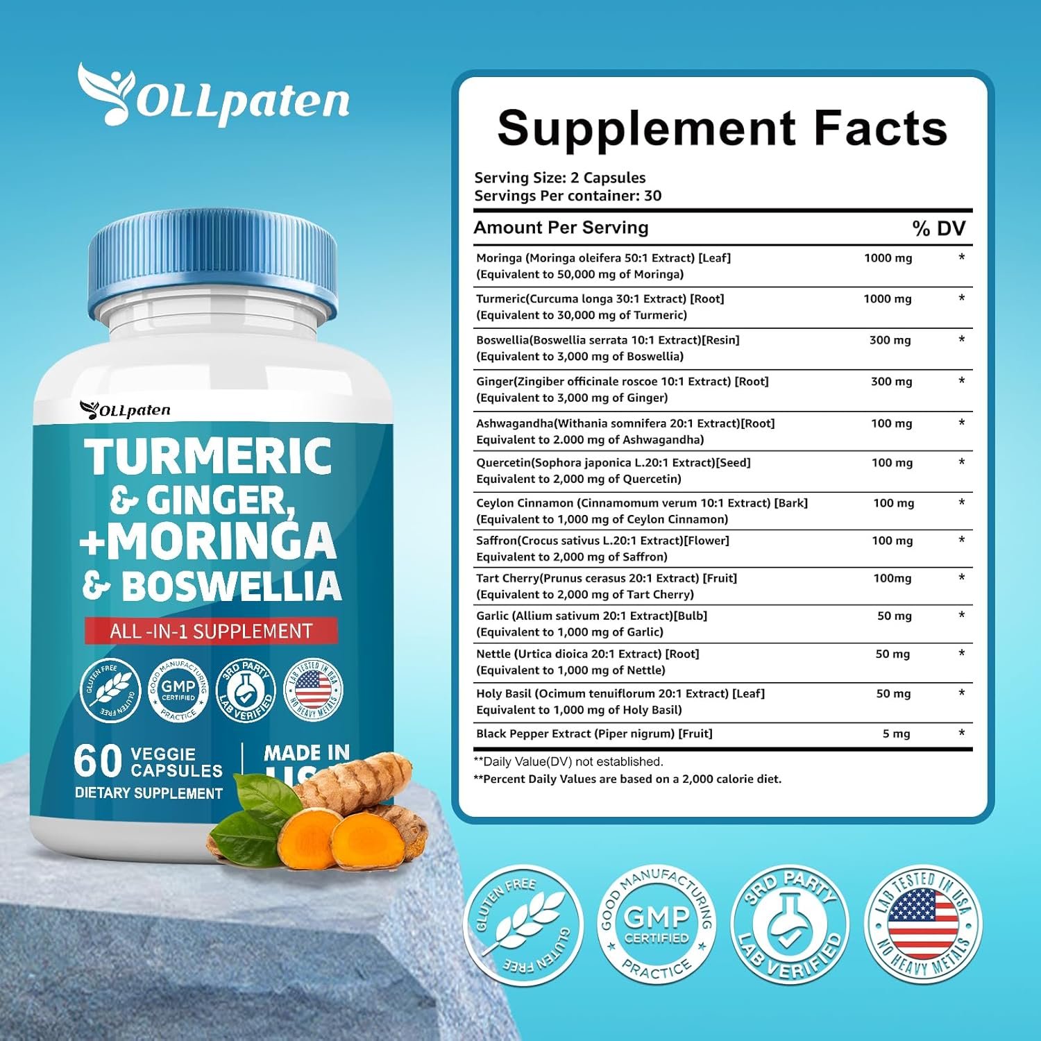 Turmeric Curcumin 30000mg Moringa 50000mg Ginger 3000mg Boswellia 3000mg Saffron 2000mg All-in-One Supplement for Women and Men with Quercetin, Tart Cherry, 60 Capsules - Image 7