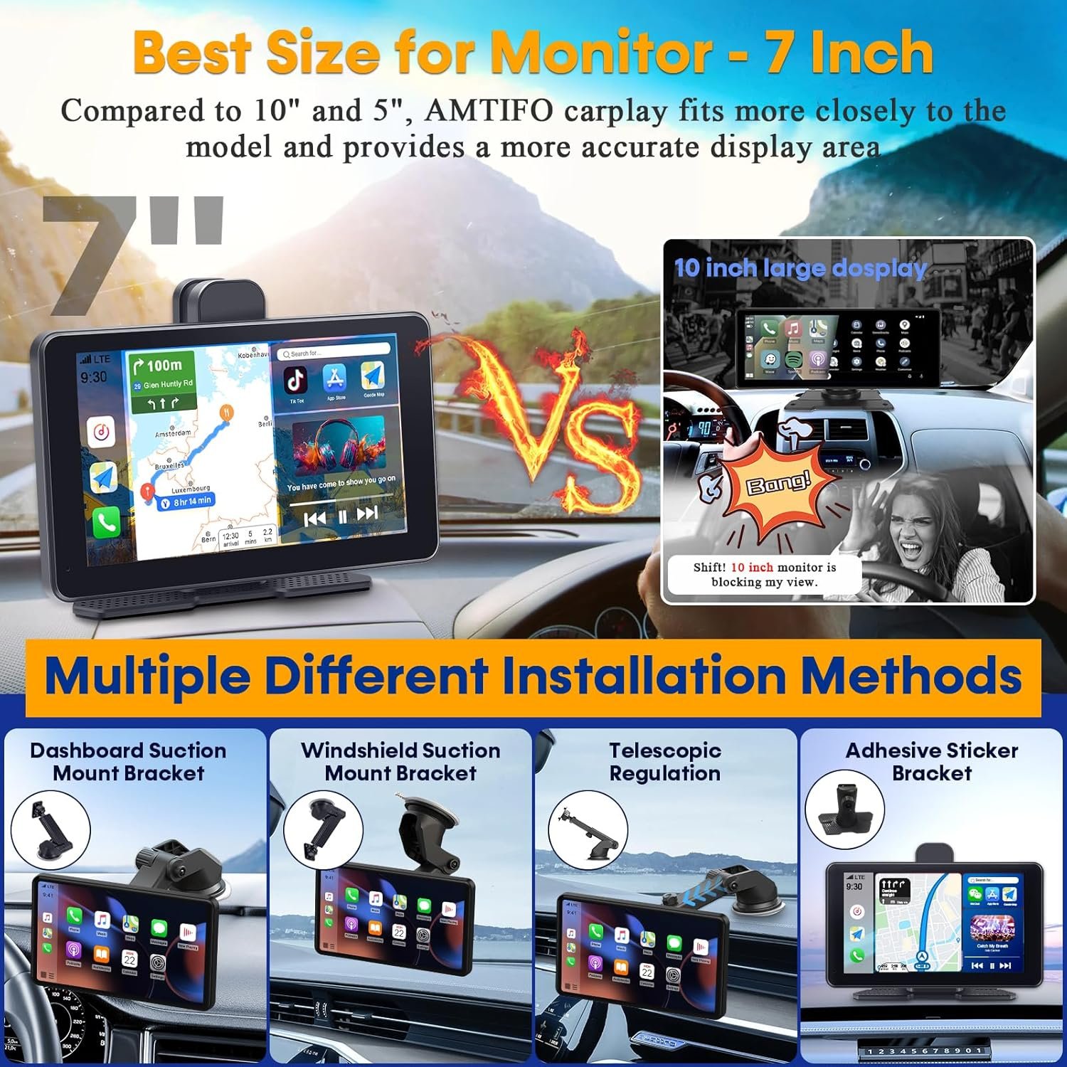 Car Screen Portable Carplay for Apple: 7 Inch Android Auto - Wireless Car Play with Backup Camera,2.5K Dash Cam,GPS Navigation,Car Audio Receivers Bluetooth,Mirror Link, Bluetooth,FM,Siri AMTIFO A28 - Image 8