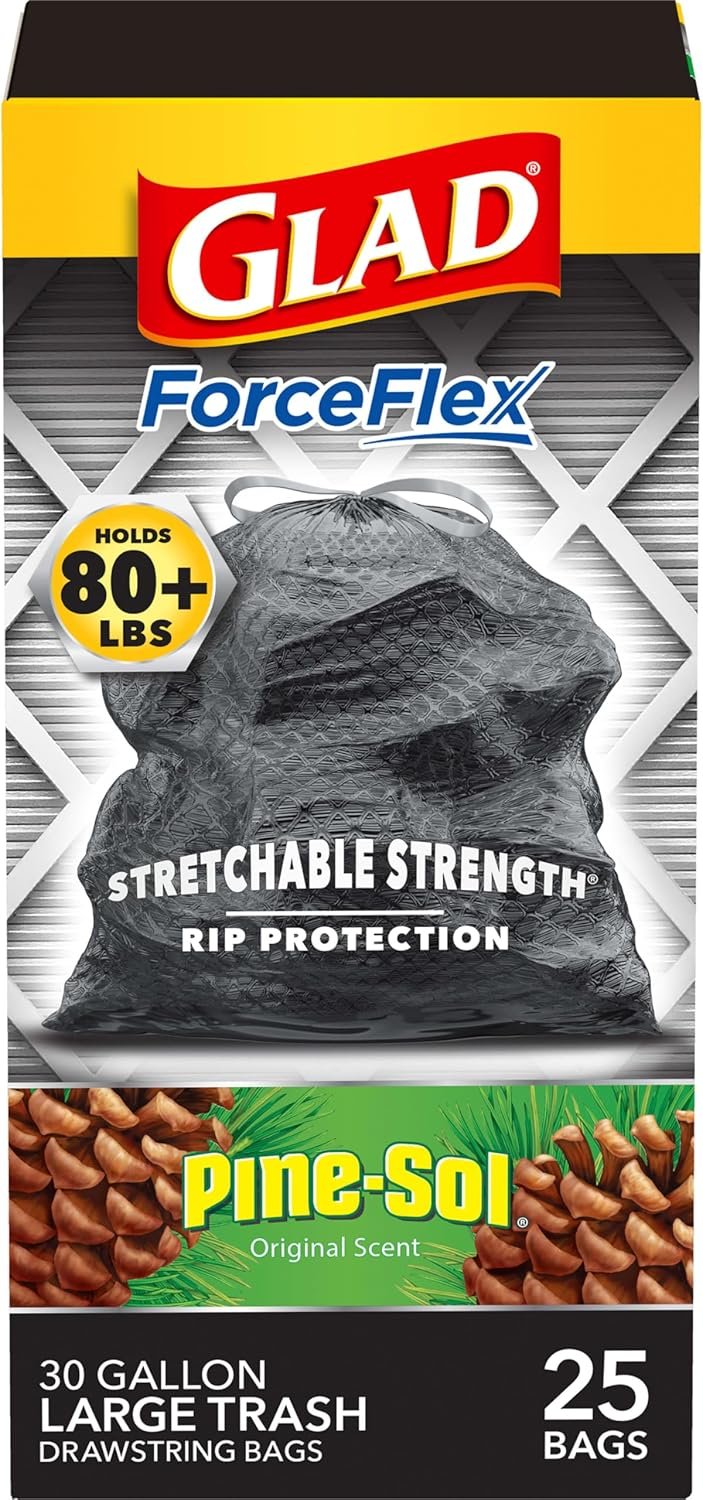 Glad Trash Bags, ForceFlex Drawstring Large Garbage Bags, 30 Gal, Pine-Sol Original Scent, 25 Ct, Pack May Vary - Image 2