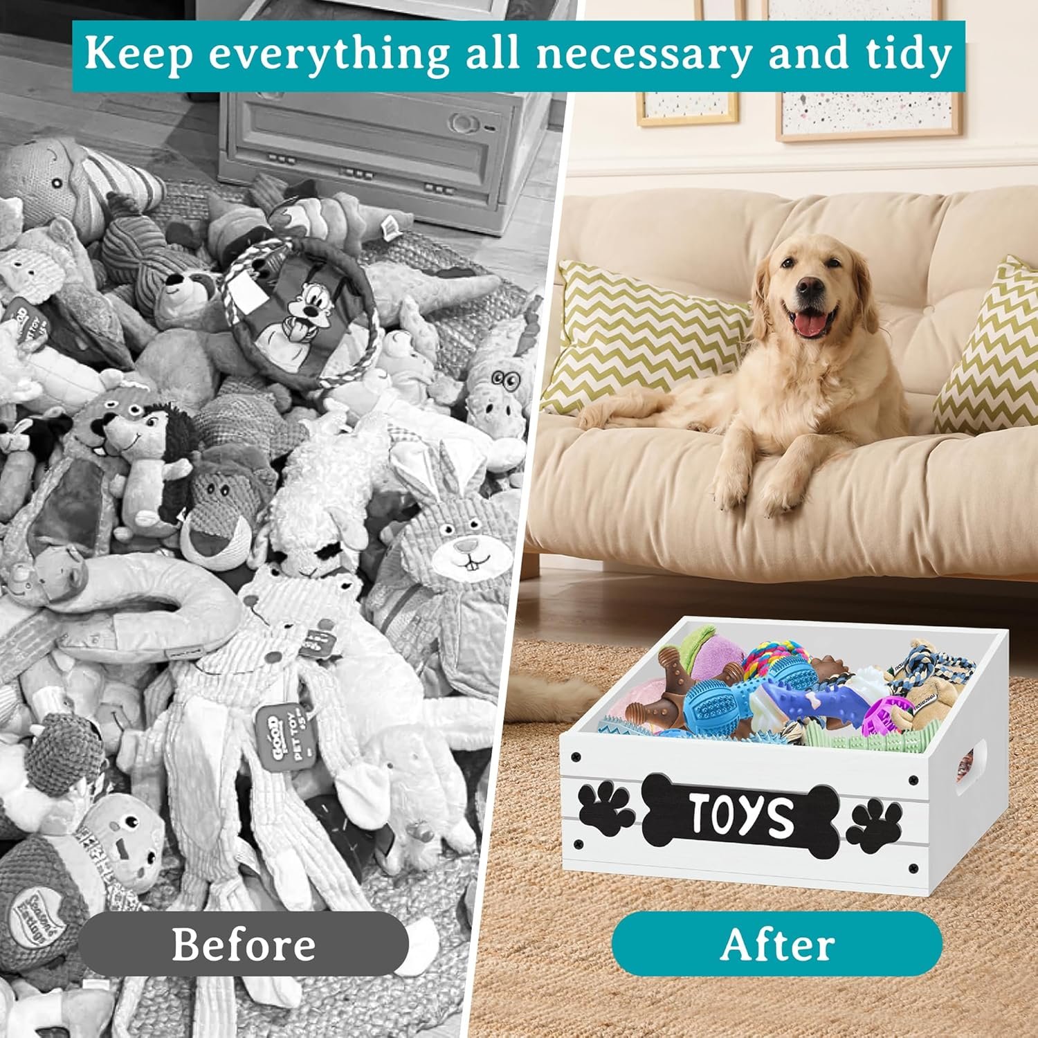 Large Dog Toy Bin for Toy Chest, Wood Dog Toy Basket with Handle, Dog Toy Box for Dog Organization and Storage, Dog Stuff Organizer for Dog Toys, Leash, Food, Accessories, Dog Toy Storage Basket Bin - Image 5
