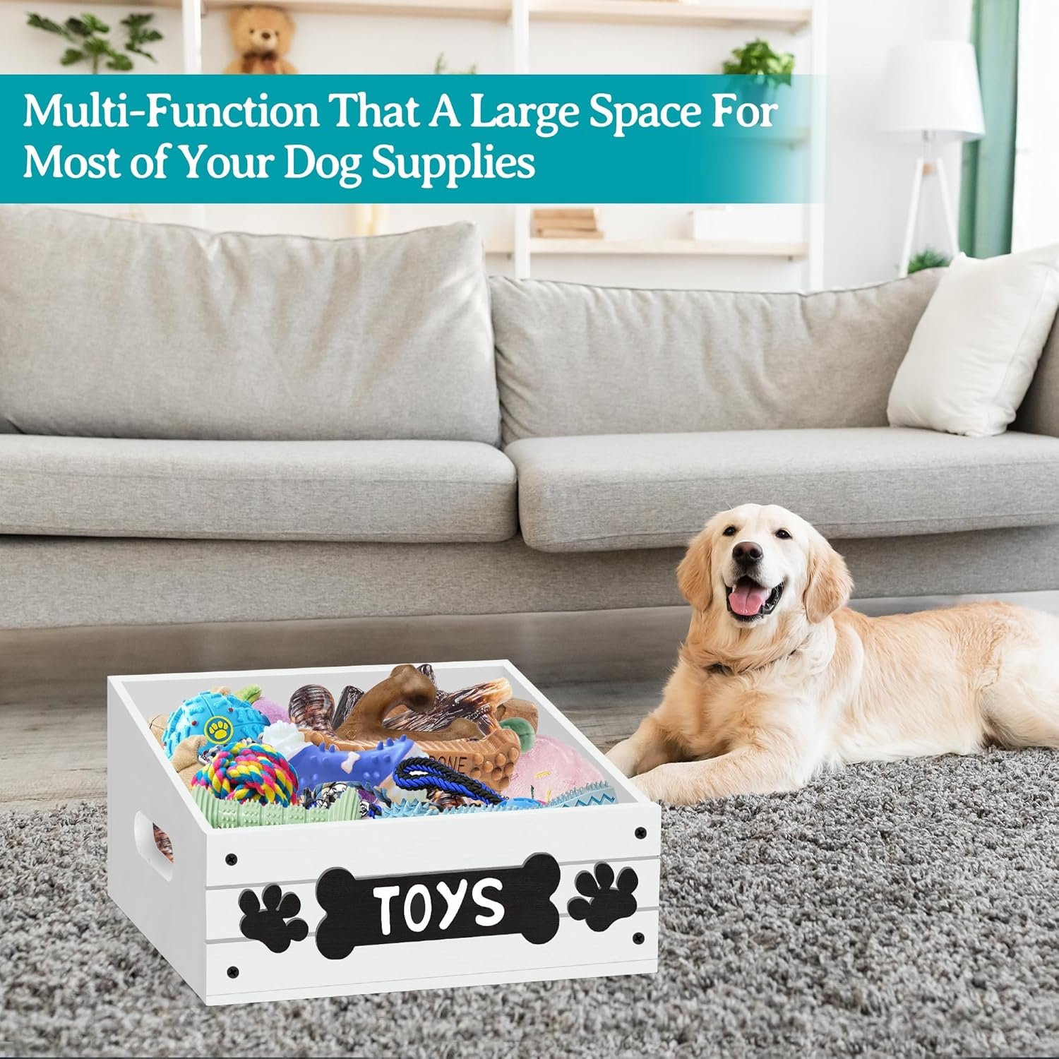 Large Dog Toy Bin for Toy Chest, Wood Dog Toy Basket with Handle, Dog Toy Box for Dog Organization and Storage, Dog Stuff Organizer for Dog Toys, Leash, Food, Accessories, Dog Toy Storage Basket Bin - Image 3