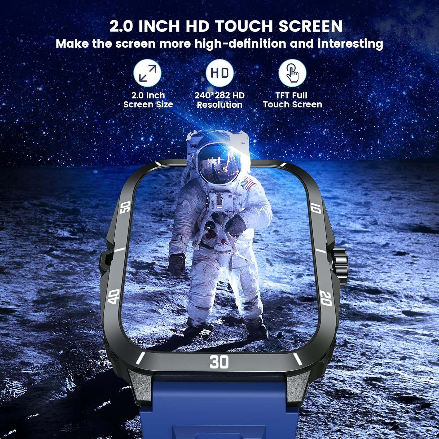 Smartwatch for Men Fitness Smart Watch: 2.0 inch Blue Watch with Bluetooth Call Answer - Android iOS Compatible Military 3ATM Waterproof 100+ Sports Digital Activity Tracker Heart Rate Sleep Monitor - Image 3