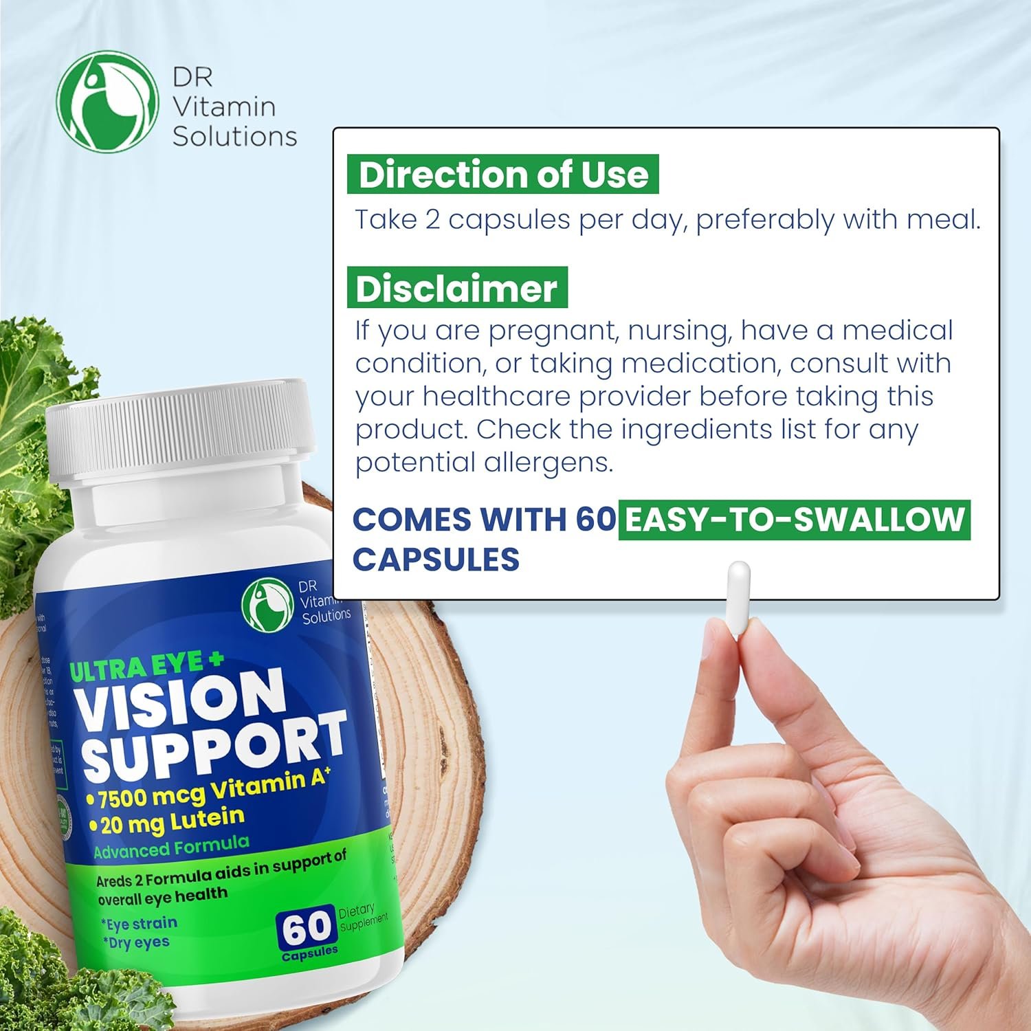 Vision Support Eye Vitamins for Macular Health | Supplements with Lutein, Zinc, Vitamin A & Bilberry | Areds 2 Formula for Red & Dry Eyes, Sight Care (1 Bottle, 60 Capsules) - Image 10