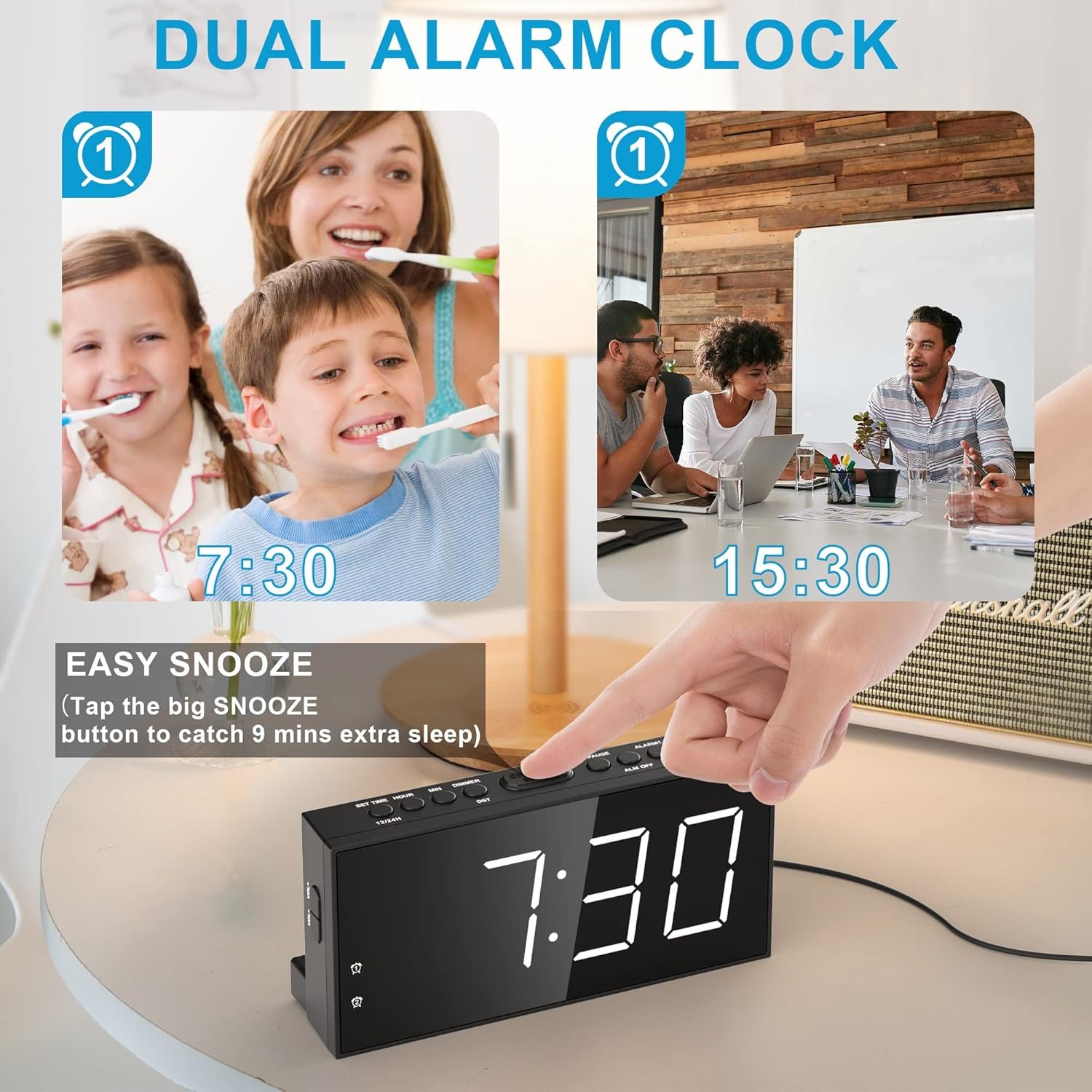 Extra Loud Dual Alarm Clock with Vibration for Bedroom,Extreme Bed Shaker Alarm Clock for Deep Sleeper Hard of Hearing Deaf,7" Clear LED Display,USB Port,Battery Backup,Easy to Set for Senior,Kids,DST - Image 5