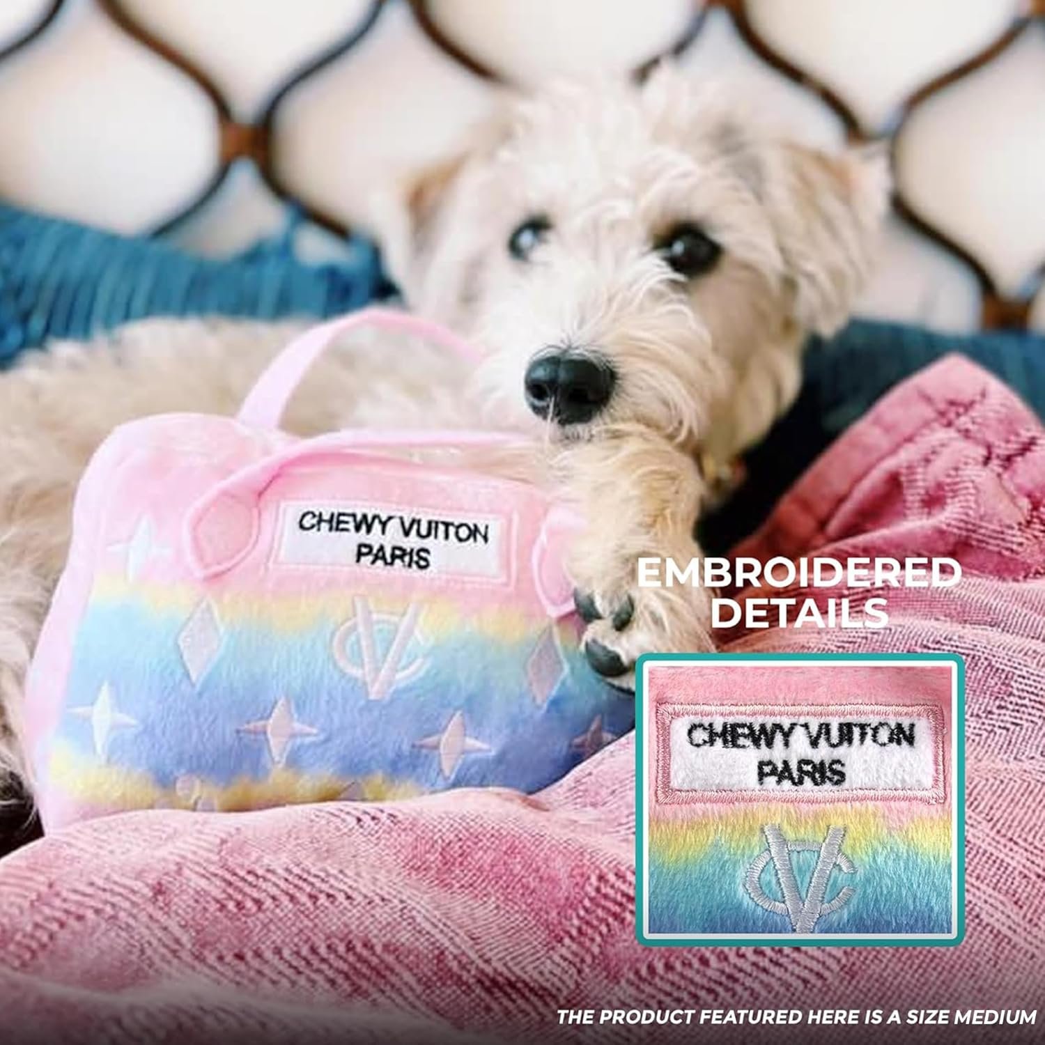 Haute Diggity Dog Pink Ombre Chewy Vuiton Handbag, Plush Designer Dog Toys with Interactive Squeaker, Stimulating Pet Enrichment, Machine-Washable & Safe Materials for All Breeds, Size Medium - Image 4