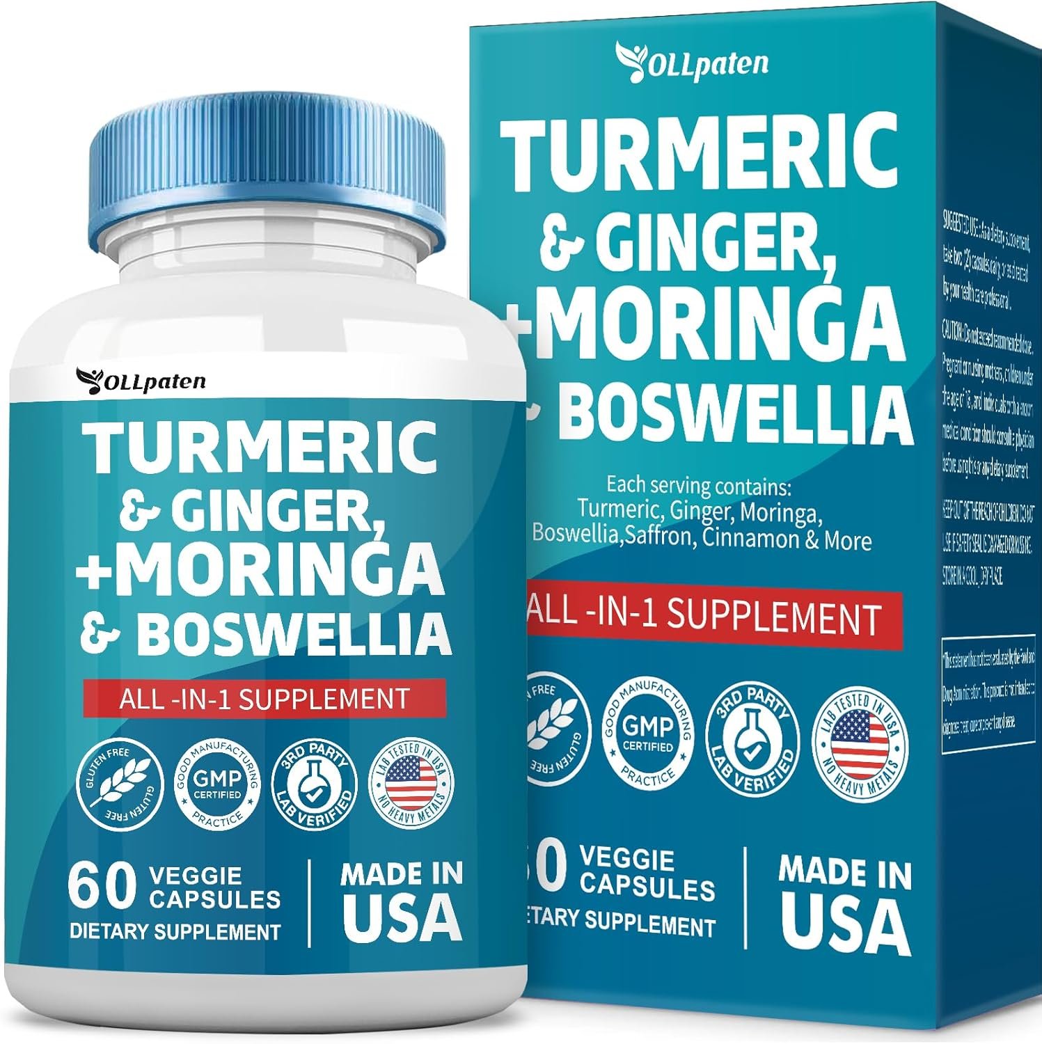 Turmeric Curcumin 30000mg Moringa 50000mg Ginger 3000mg Boswellia 3000mg Saffron 2000mg All-in-One Supplement for Women and Men with Quercetin, Tart Cherry, 60 Capsules - Image 2
