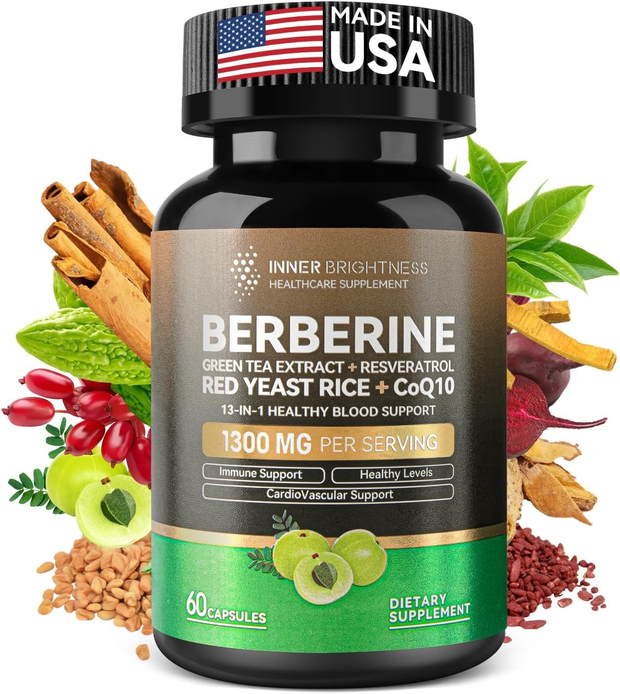 Berberine 1300mg with Green Tea Extract, Resveratrol, Red Yeast Rice & CoQ10 – 13-in-1 Immune Health, Natural Metabolic Support – 60 Capsules – Non-GMO, Lab Tested - Image 2