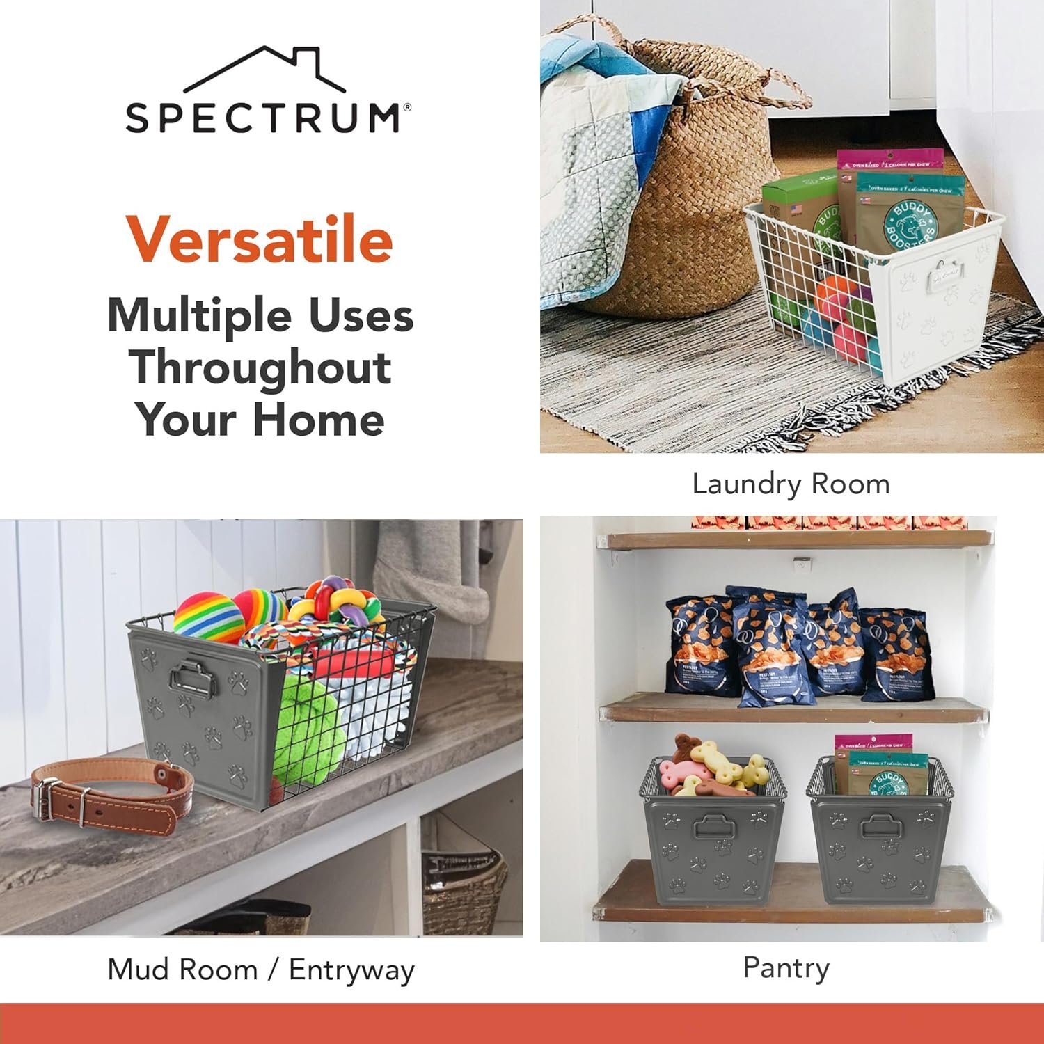 Spectrum Diversified Paws Macklin Basket Steel Bin with Cute Pawprint Design, Pet Accessory Rust-Resistant Finish, Cat & Dog Toy Organization & Storage, Medium, Industrial Gray - Image 6