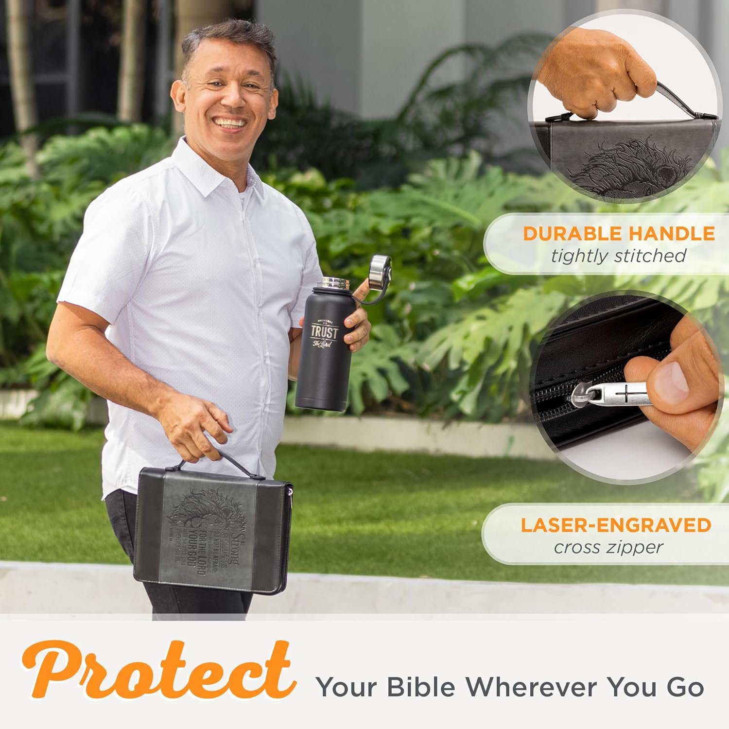 Christian Art Gifts Classic Faux Leather Bible Cover for Men and Women: Be Strong and Courageous - Joshua 1:9 Inspirational Bible Verse with Lion, Gray and Black, Large - Image 5