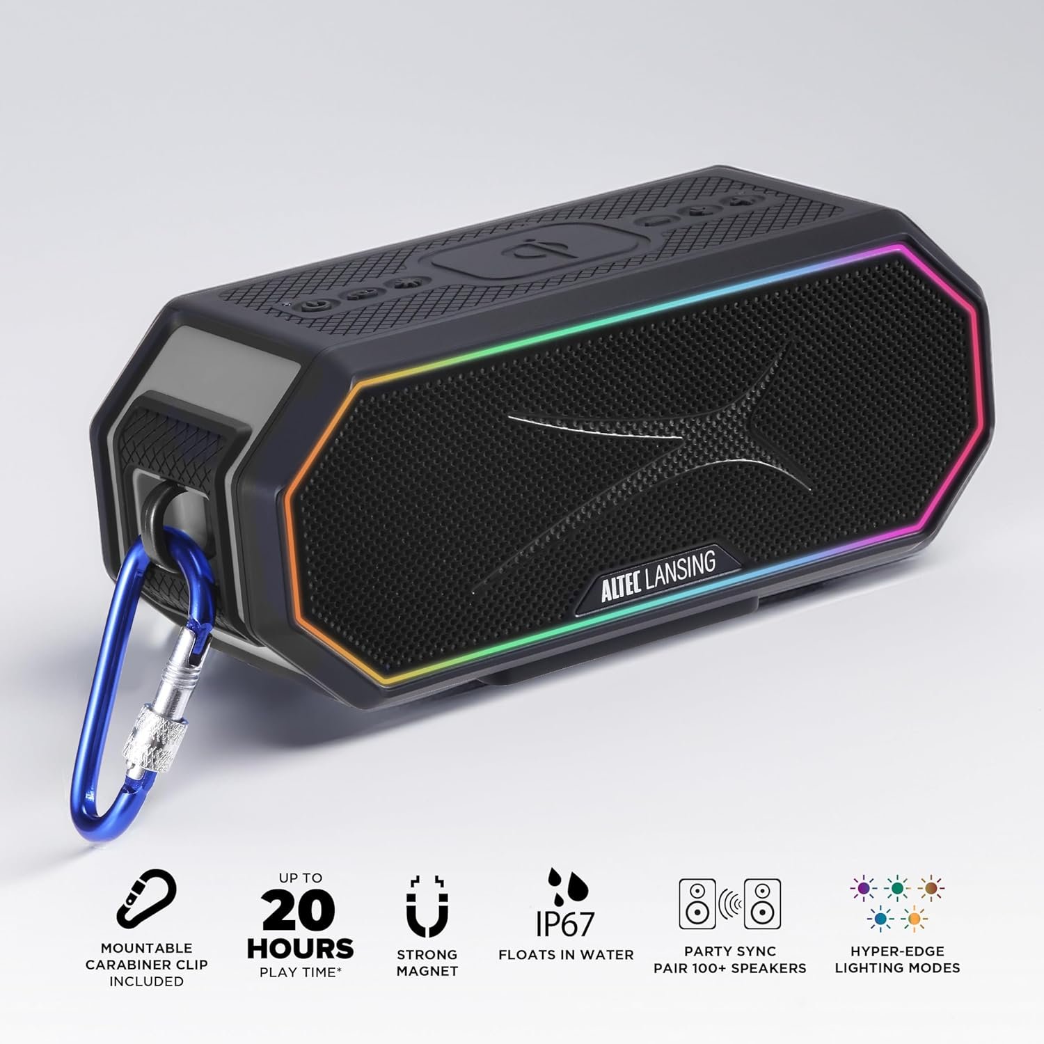 Altec Lansing Loud Portable Speakers Bluetooth Wireless Waterproof - MultiColor LED, 20 Hour Playtime, Mount Included | HydraBLAST 2.0 Magnetic Bluetooth Speaker for Travel, Home and Outdoor Adventure - Image 3