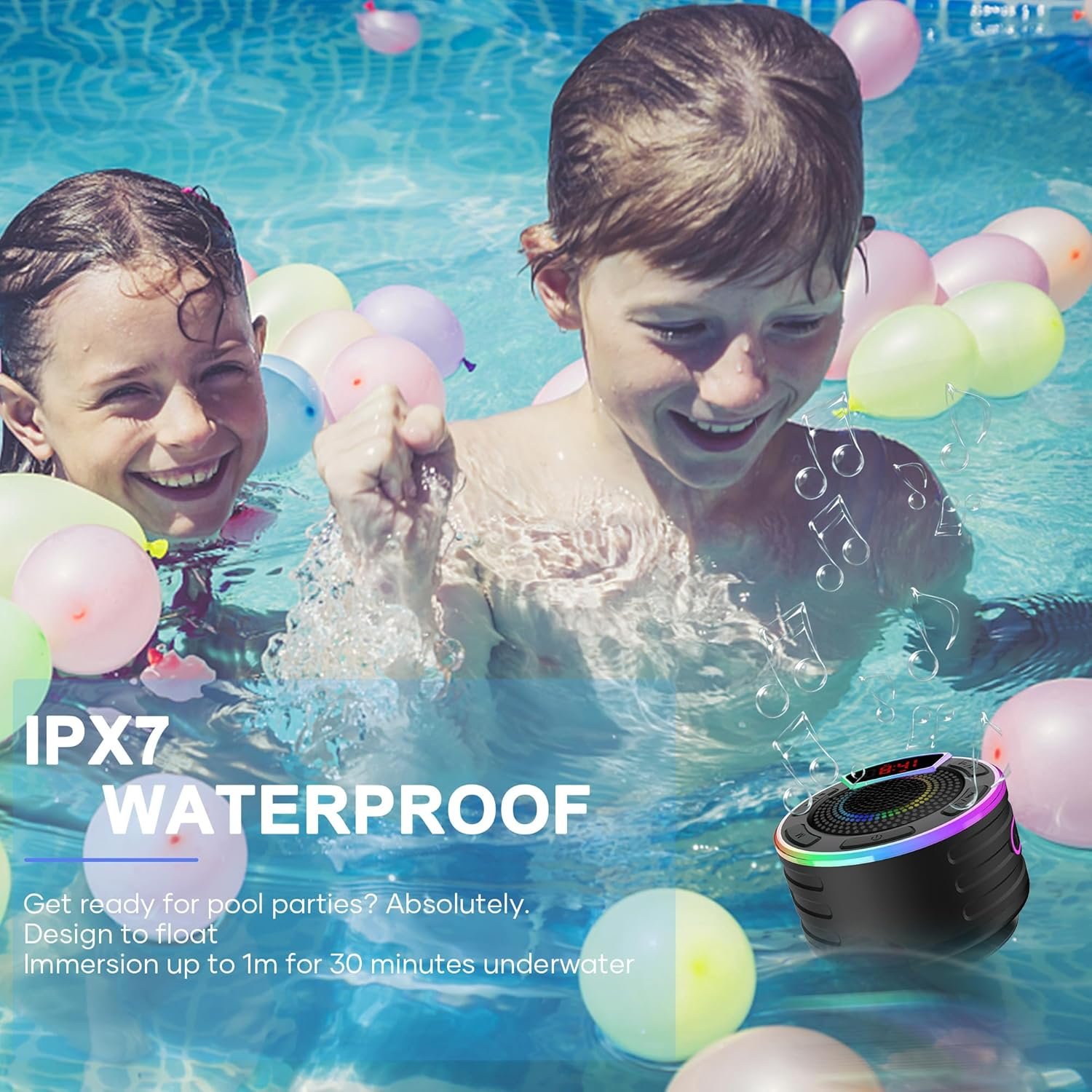 Bluetooth Speakers, IPX7 Waterproof Shower Speaker, Portable Speaker with LED Display, FM Radio, Suction Cup, Light Show, Built-in Mic, Best Gifts for Pool Beach Home Party Travel Outdoors - Image 3