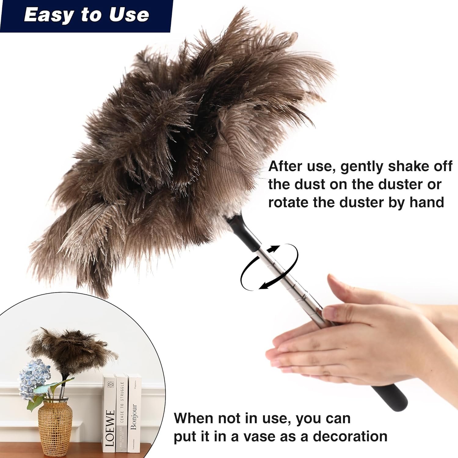 Soarer Extendable Ostrich Feather Duster - 40 inches Fluffy Long Handle Reusable Feather Duster for Cleaning Ceiling Fan,Pendant lamp, High Ceiling, Blinds, Furniture - Image 6