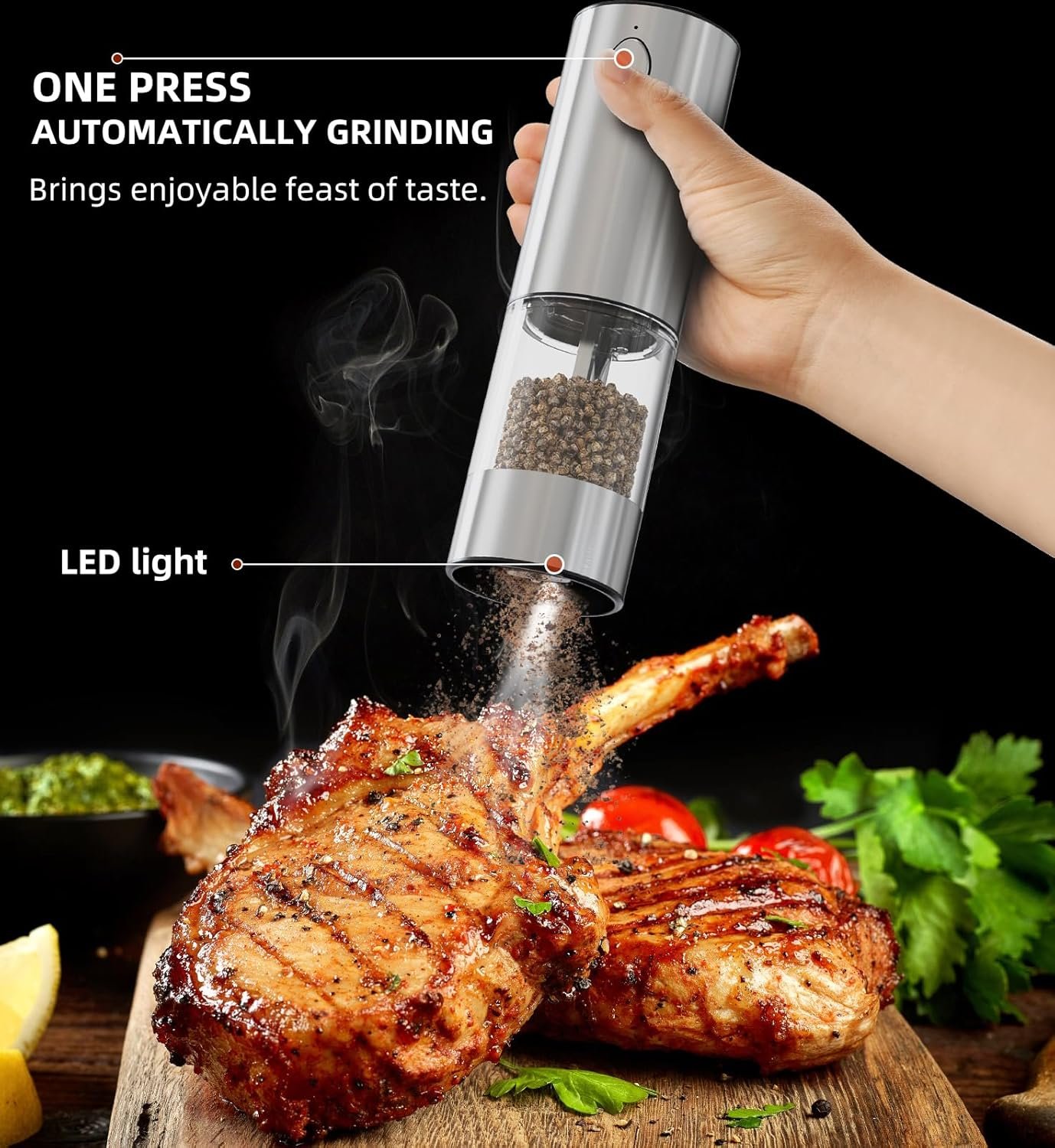 Electric Salt and Pepper Grinder Set, Stainless Steel Automatic Pepper Mill Grinder with 5 Adjustable Coarseness, One Hand Operation with LED light, Rechargeable Pepper Mill Grinder Set - Image 3