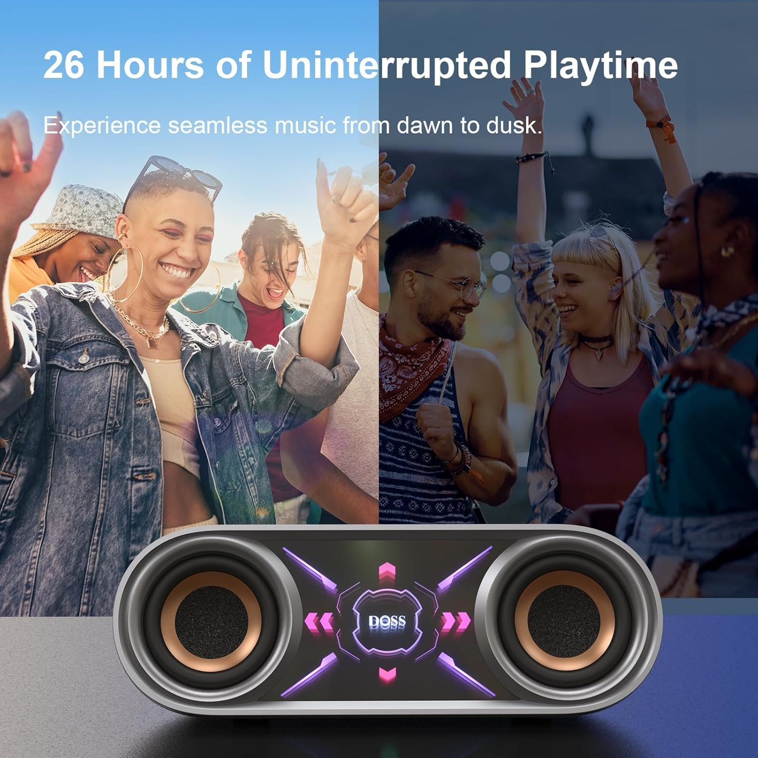DOSS SoundBox Pro+ P400 Bluetooth Speaker, 50W Stereo Sound with Extra Bass, 26H Playtime, Cool Phantom Mirror Lights, IPX5 Waterproof Speaker for Outdoor, Home, Party, and Electronic Gadgets. - Image 7