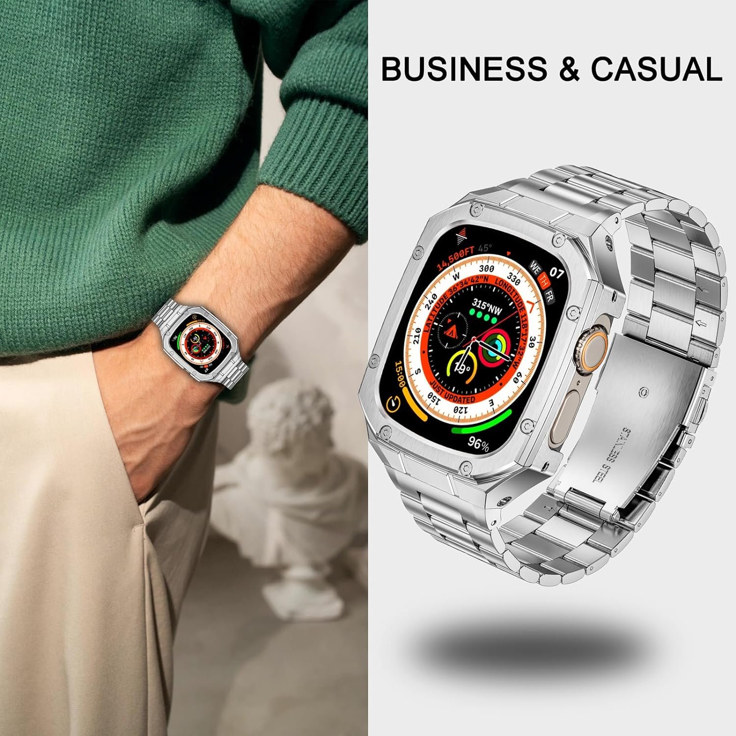 Stainless Steel Watch Band with Case Compatible with Apple Watch Ultra 2 1 band (49mm), Rugged Strap with Metal Protective Bumper Cover for iWatch Bands Men (Silver) - Image 6