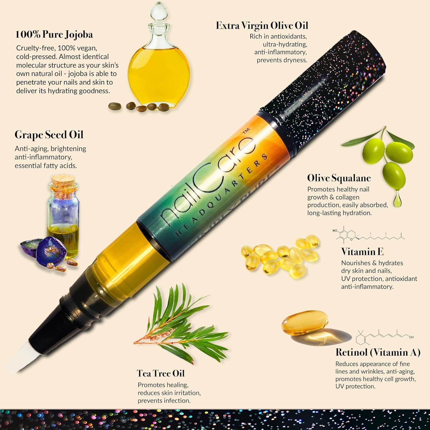Cuticle Oil Pen for Nails - Nail Strengthener & Growth Nail Oil and Serum for Damaged Nails, Hangnails w/Jojoba cuticle oil—Cucumber Melon Fragrance - Holo Glitter Pen - Image 9