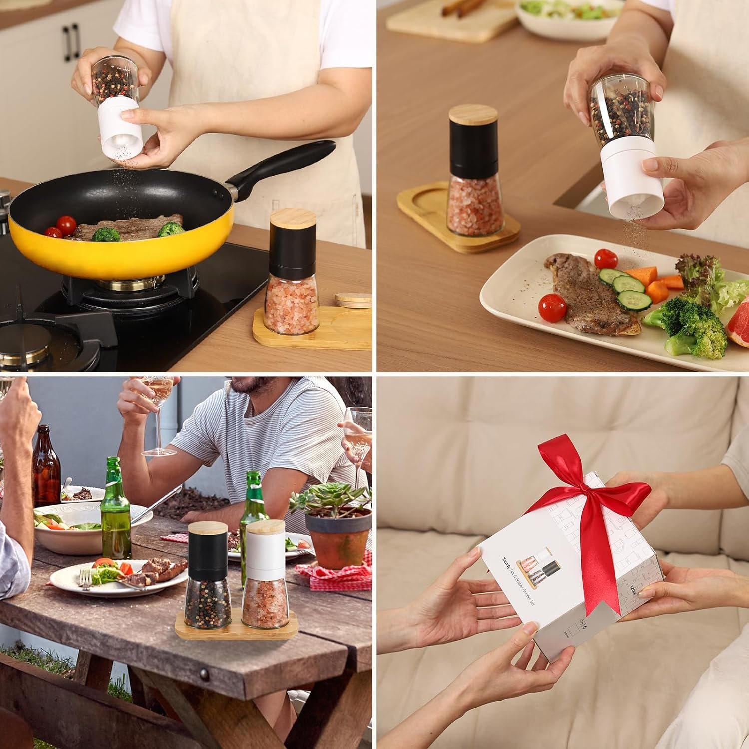 VUCCHINI Salt and Black Pepper Grinder Set - Bamboo Lid and Wood Stand Refillable Sea Salt Grinder Shaker Mills (black and white) - Image 7