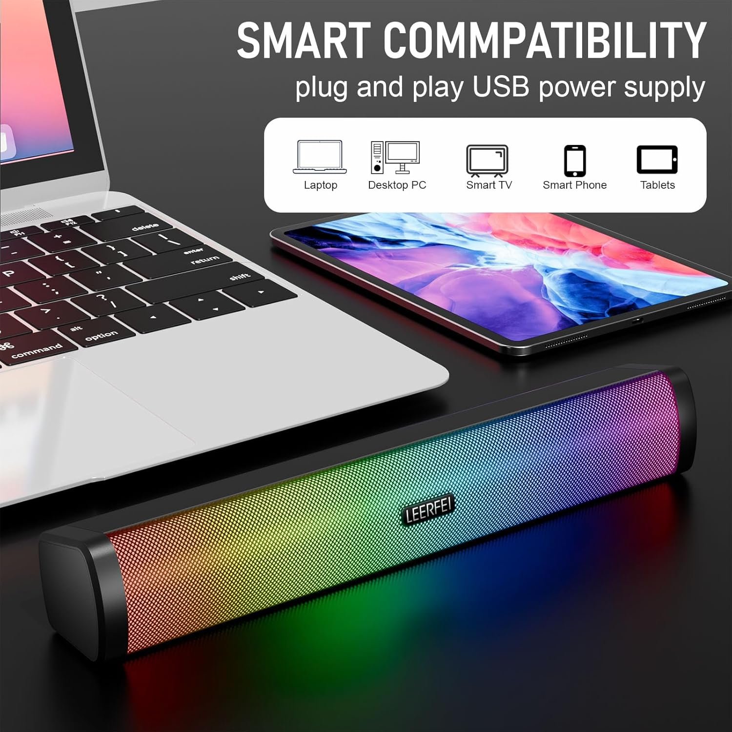 OOYY Home Portable Bluetooth Speaker with Colorful Flashing Lights, Wireless Bluetooth Sound Bar, Perfect for Home Theater and Gaming (Black) - Image 7