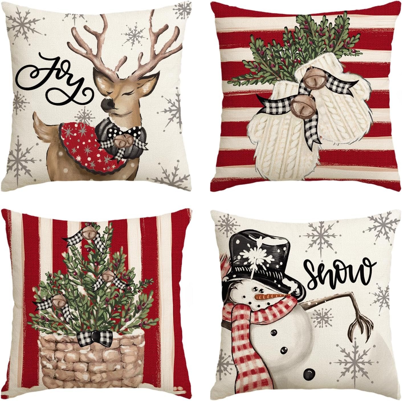 AVOIN colorlife Christmas Snowman Reindeer Gloves Eucalyptus Red Throw Pillow Covers, 16 x 16 Inch Winter Holiday Stripes Cushion Case Decoration for Sofa Couch Set of 4 - Image 2