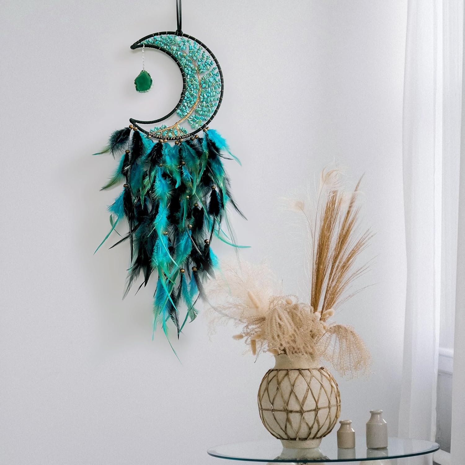 Dksuwe Moon Dream Catchers with Chakra Gemstone Agate Stone, Crystal Tree Life Dream Catchers Wall Hangings Room Decor (Green) - Image 8