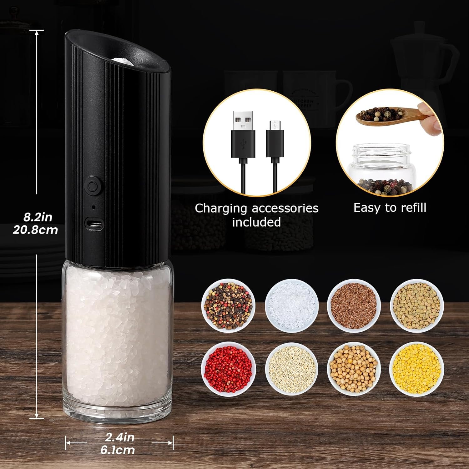 VEVOK CHEF Electric Salt and Pepper Grinder Set Black Type-c Rechargeable Pepper Grinder with LED light One Handed Operation Pepper Mill Adjustable Coarseness - Image 8