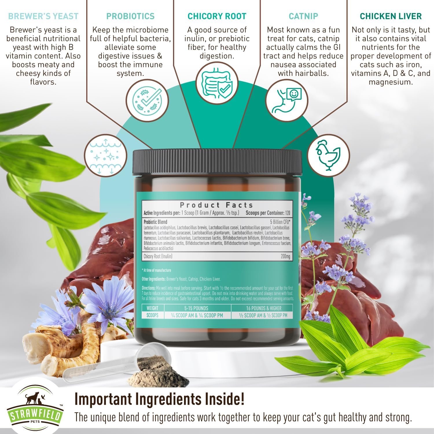 Strawfield Pets' Pre + Probiotic Powder for Cats with Catnip Probiotic for Cats Diarrhea Relief Supplement Natural Chicken Liver Flavor 120 Grams / 120 Scoops - Image 5