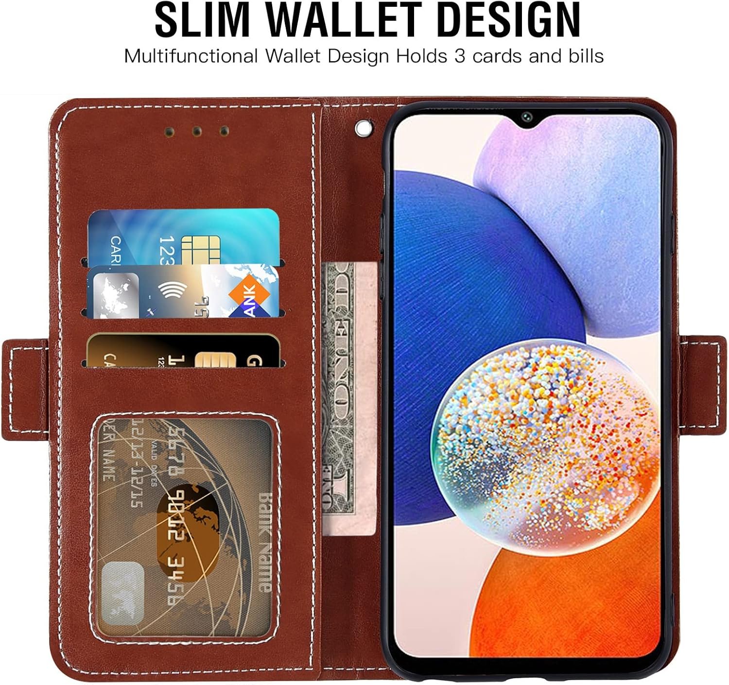 Asuwish Phone Case for Samsung Galaxy A14 5G Wallet Cover with Tempered Glass Screen Protector and Leather Flip Credit Card Holder Stand Flower Folio Cell Accessories A 14 4G 14A G5 Women Men Brown - Image 3