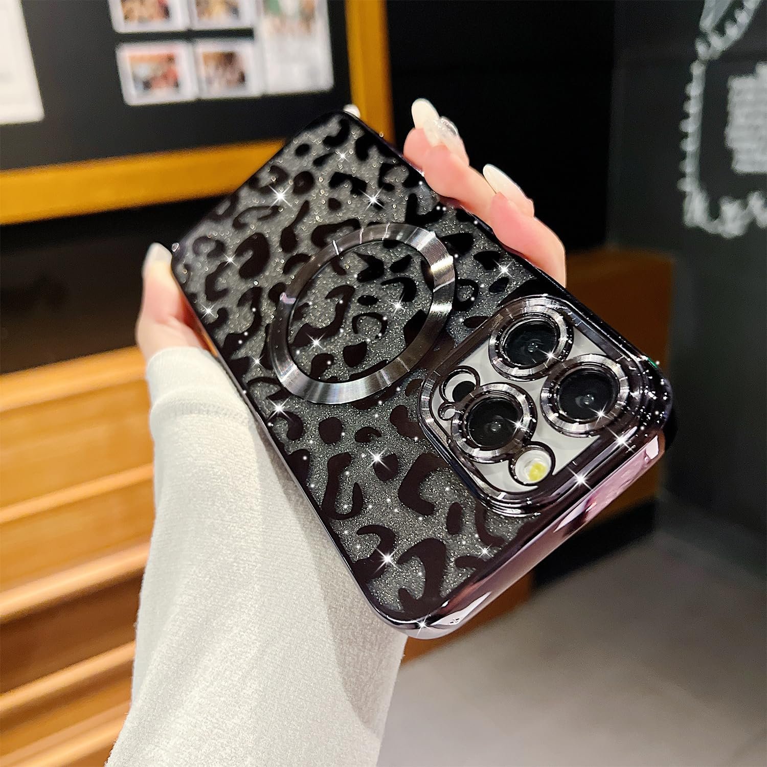 for iPhone 15 Pro Max Case Magnetic,Soft Cute Luxury Leopard Cheetah Pattern Plating Glitter Bling Phone Case Compatible with MagSafe Clear Shockproof Back Cover for Women Girl 6.7"-Black - Image 4