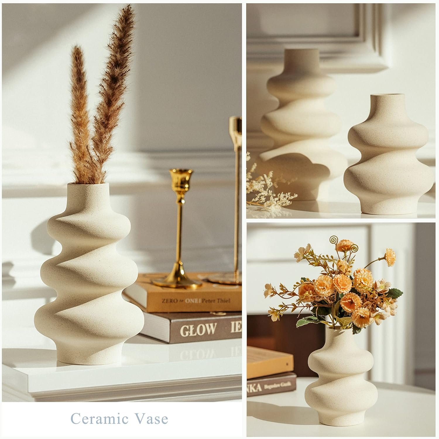 Ceramic Vases Set 2, Modern Home Decor,Off White Round Vases,Modern Dried Flower Vases, Boho Home Decor for Centerpieces Wedding Dinner Table Party Living Room Office Bedroom - Image 3